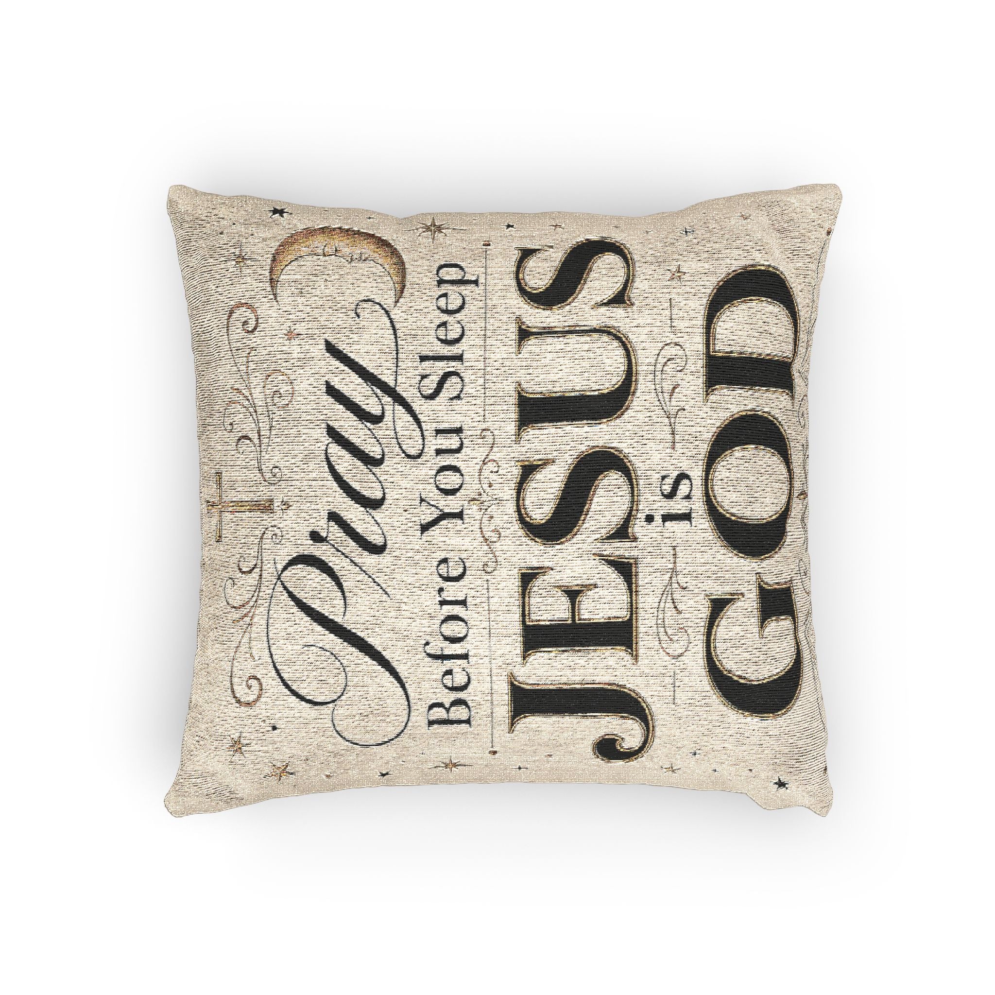 Woven Pillow — "Pray Before You Sleep, Jesus Is God" Religious Decorative Throw Pillow