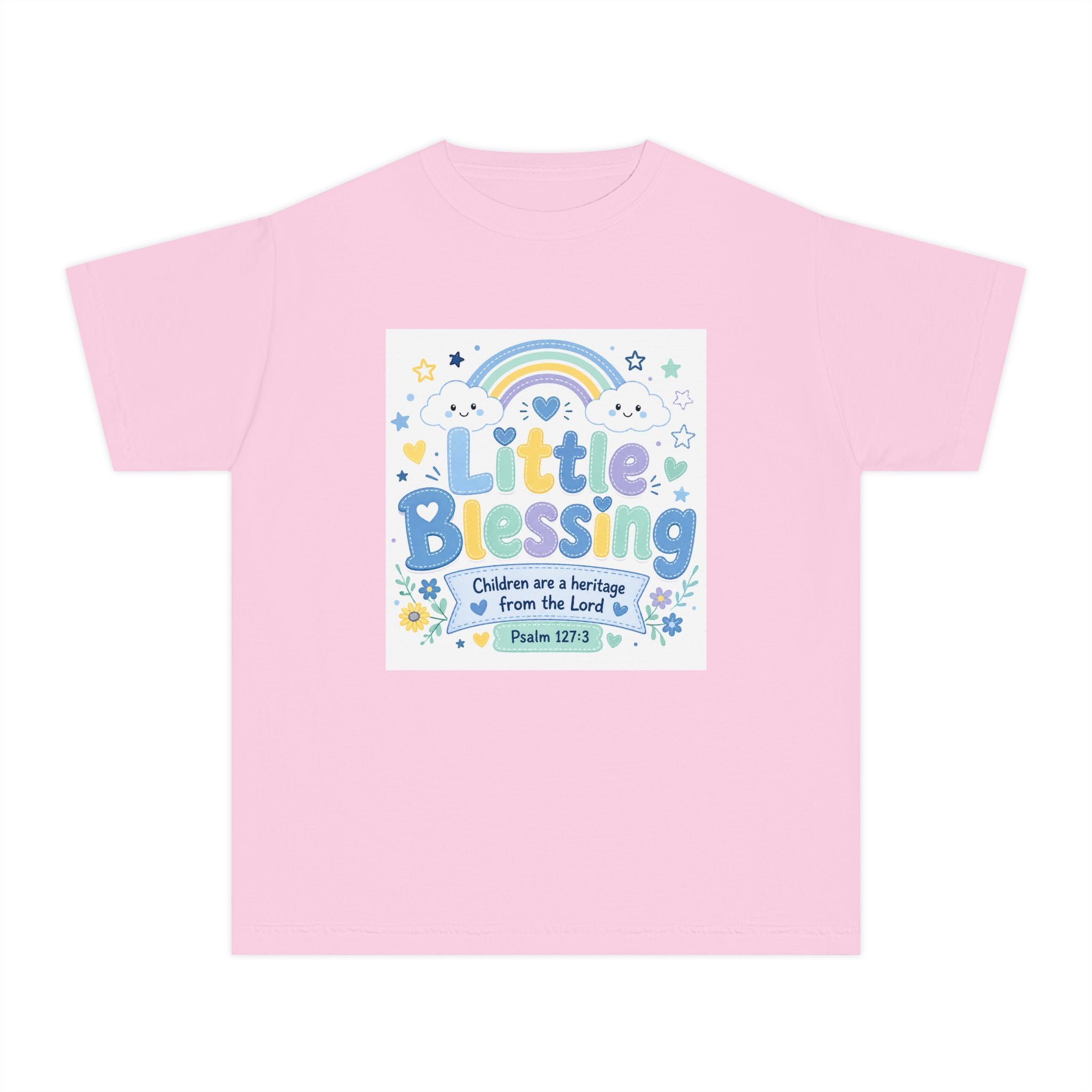 Youth Tee - "Little Blessing" Kids Shirt with Rainbow & Psalm 127:3 Design