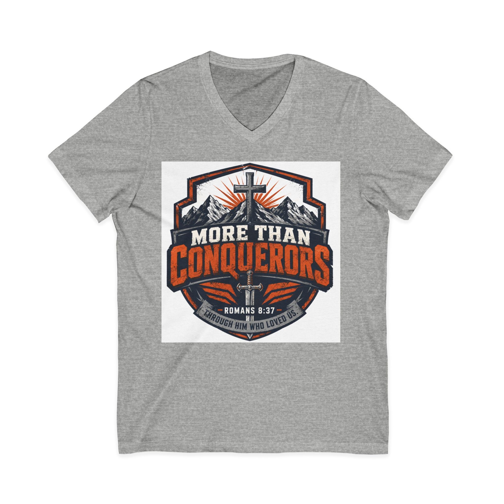 More Than Conquerors V-Neck Tee — Christian Faith Graphic Shirt (Romans 8:37)