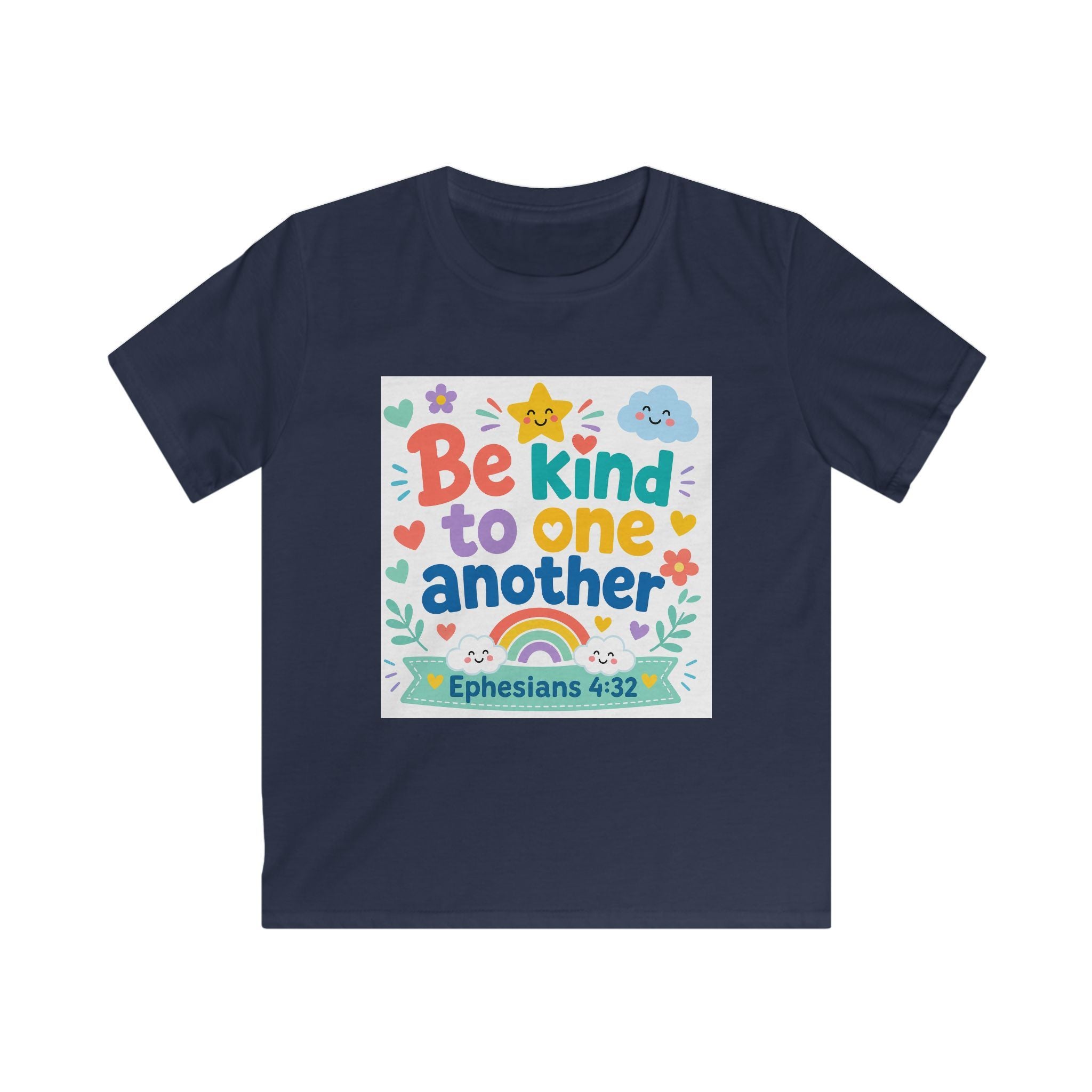 Kids Tee — “Be Kind to One Another” Ephesians 4:32 Christian Rainbow Shirt