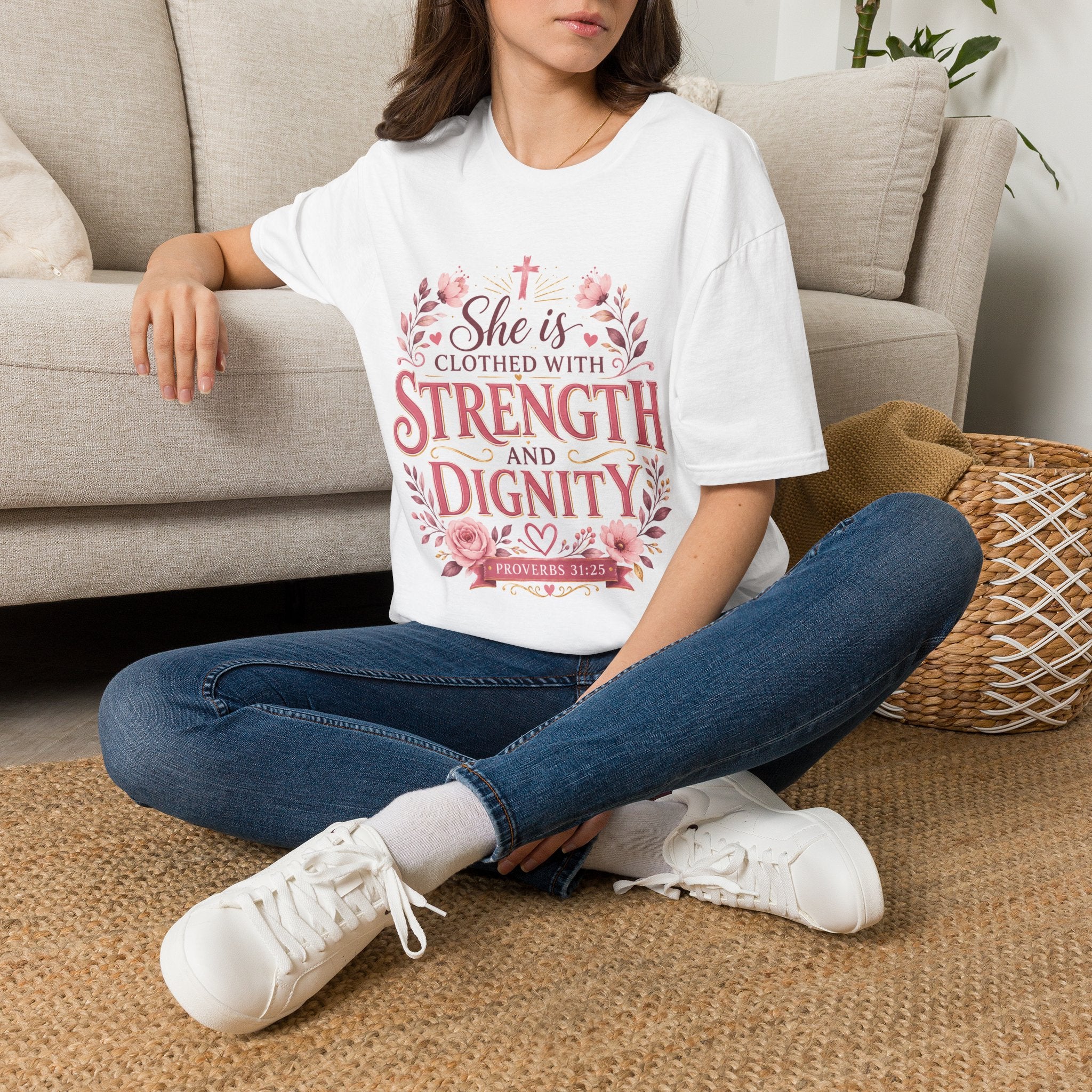 T-Shirt — "She Is Clothed With Strength and Dignity" Christian Floral Inspirational Tee