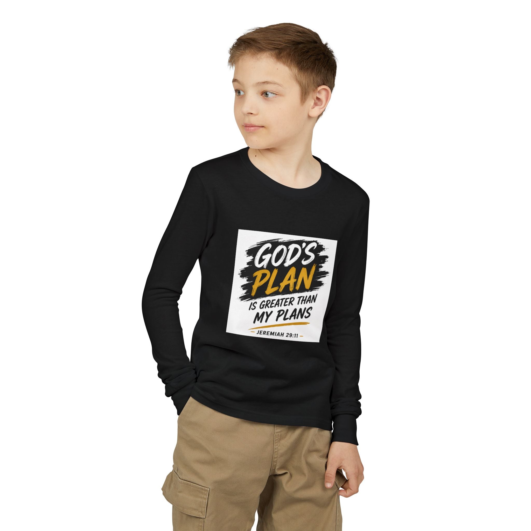God's Plan Youth Long Sleeve Tee — "God's Plan Is Greater Than My Plans" Christian Kids Shirt