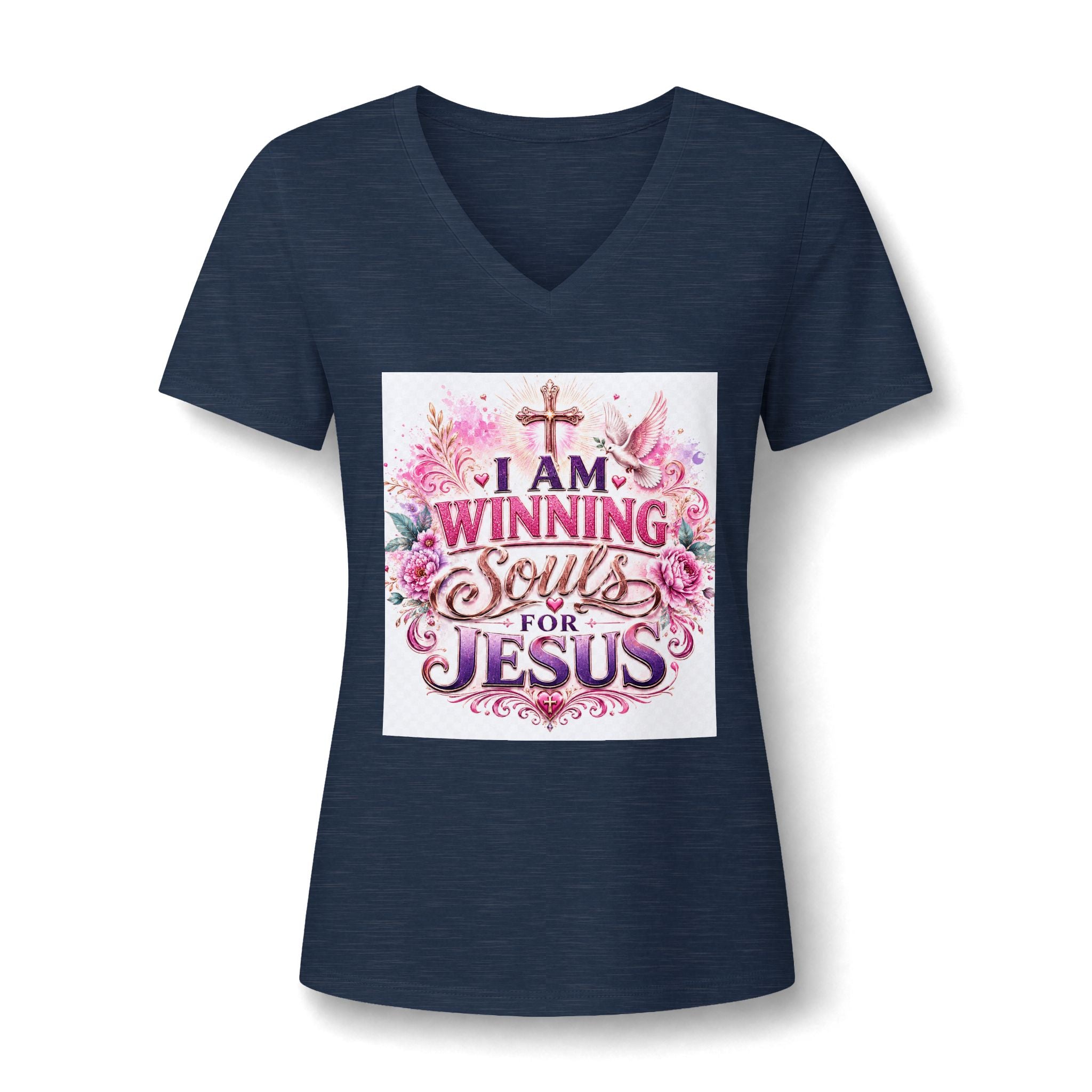 Christian V-Neck Tee — "I Am Winning Souls for Jesus" Floral Design