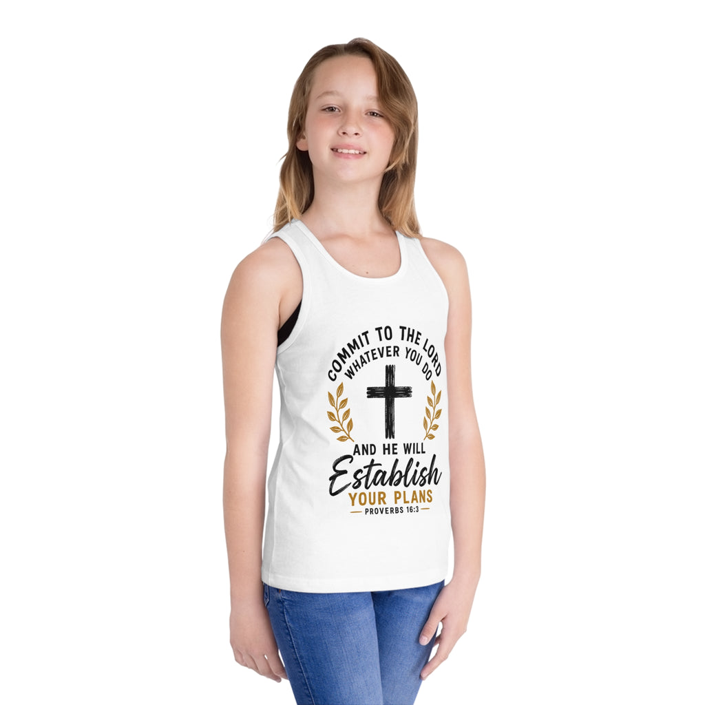 Kids Faith Tank Top - "Commit to the Lord" Proverbs 16:3 Cross Design