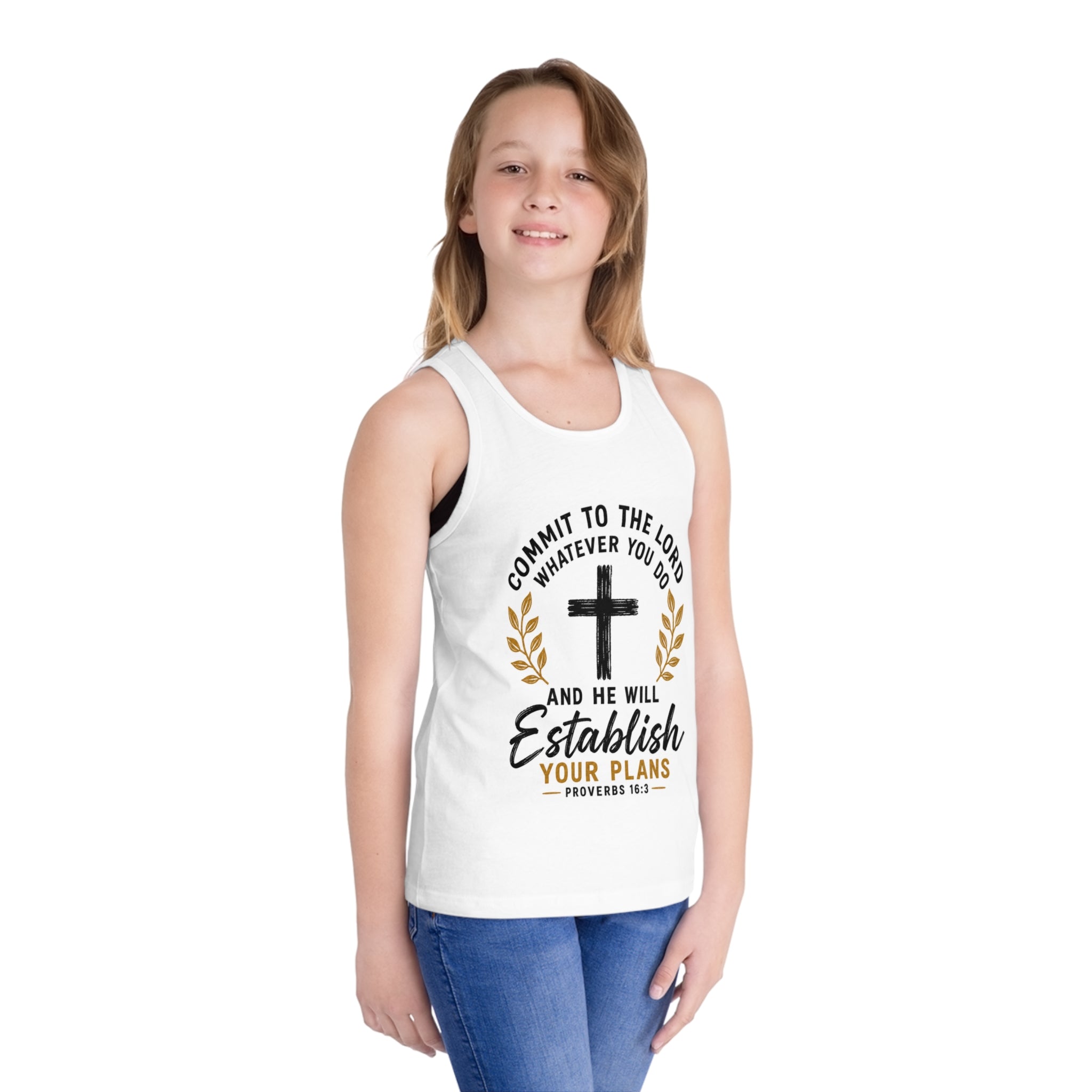 Kids Faith Tank Top - "Commit to the Lord" Proverbs 16:3 Cross Design