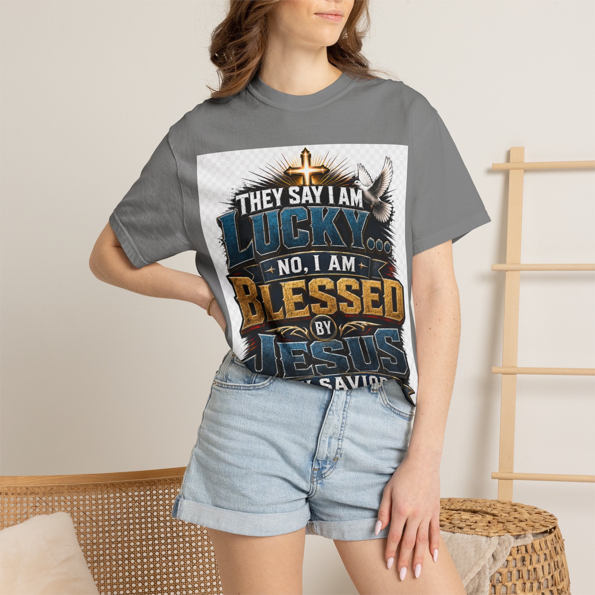 Blessed by Jesus T-Shirt — “They Say I Am Lucky, No I Am Blessed by Jesus My Savior” Christian Tee