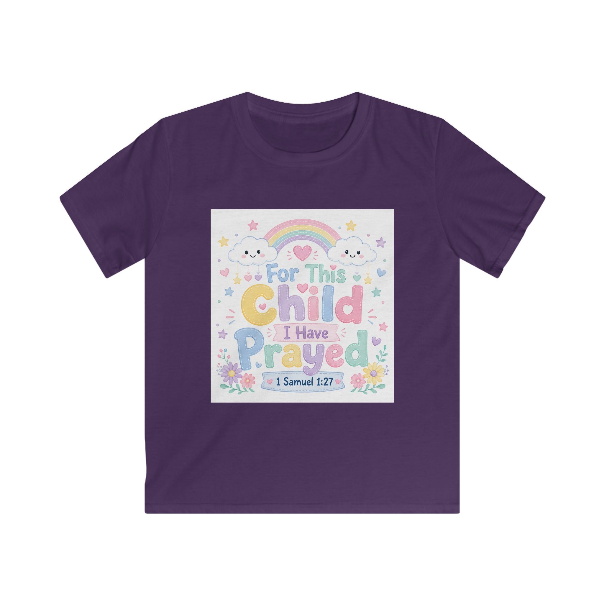 Kids Tee — "For This Child I Have Prayed" Pastel Rainbow Christian Shirt (1 Samuel 1:27)