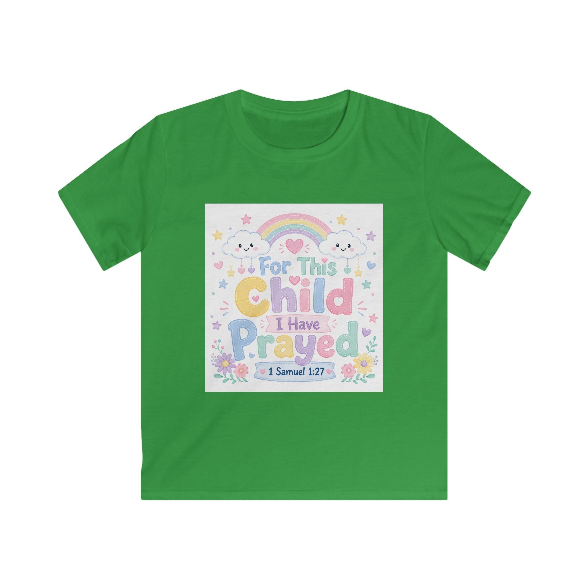 Kids Tee — "For This Child I Have Prayed" Pastel Rainbow Christian Shirt (1 Samuel 1:27)