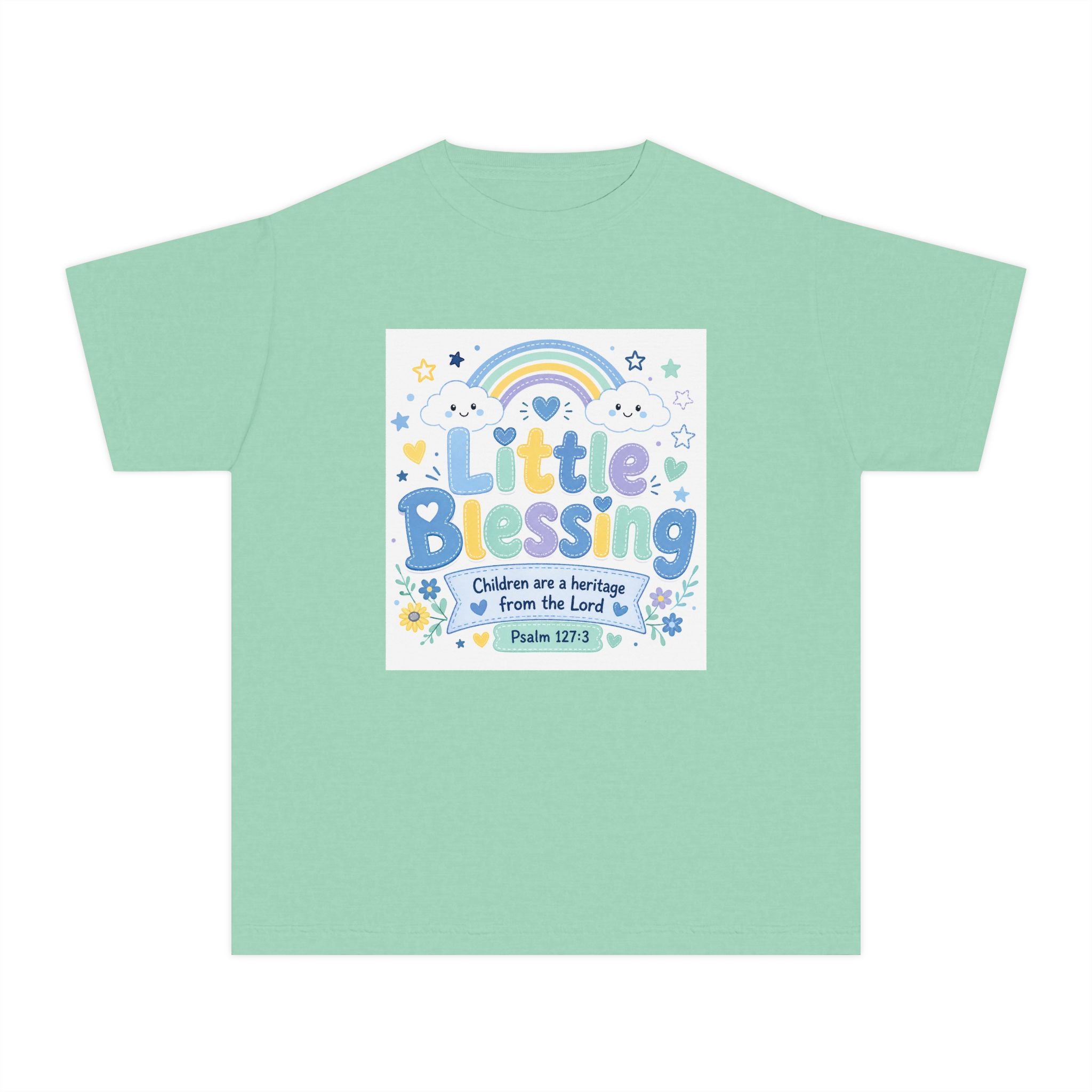 Youth Tee - "Little Blessing" Kids Shirt with Rainbow & Psalm 127:3 Design