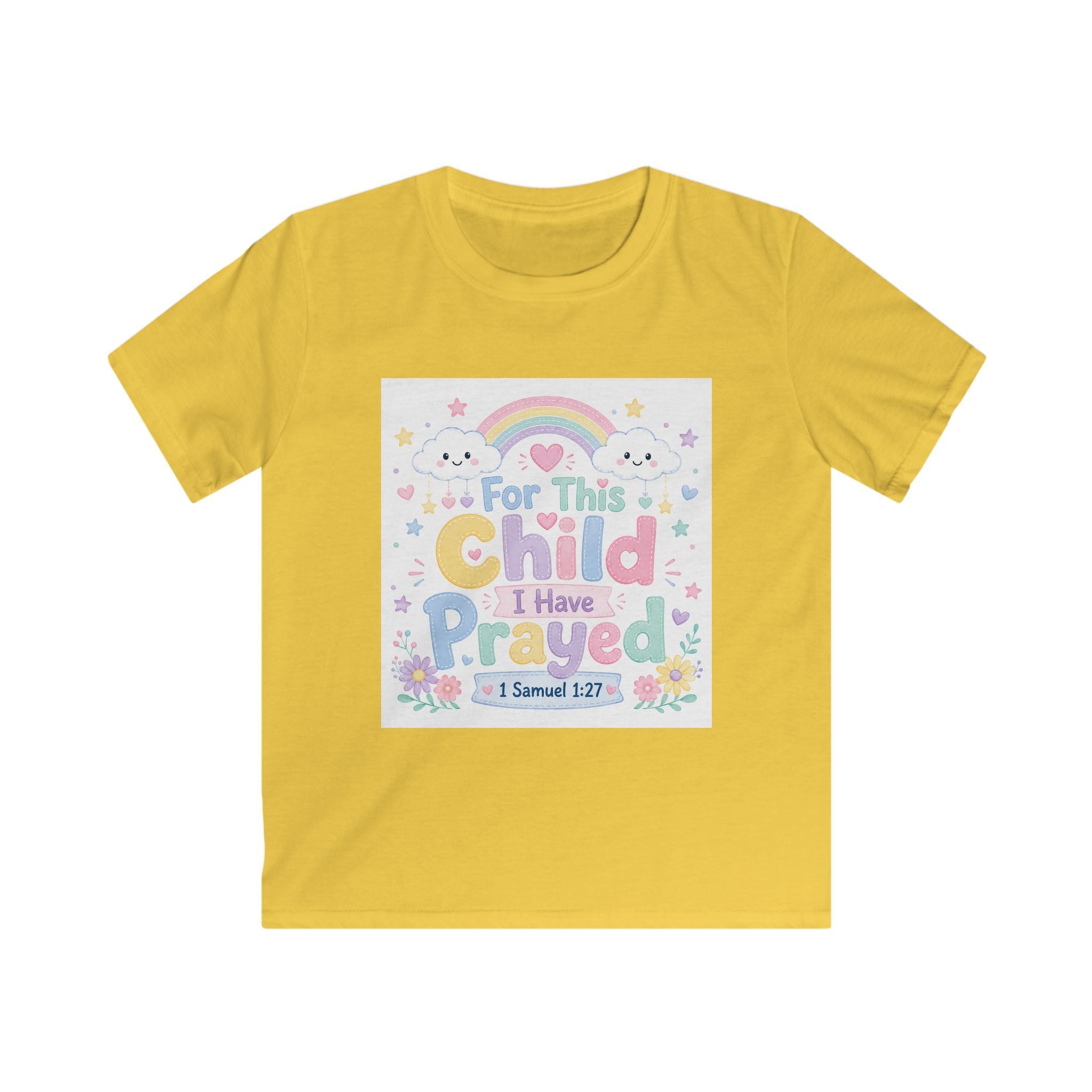 Kids Tee — "For This Child I Have Prayed" Pastel Rainbow Christian Shirt (1 Samuel 1:27)