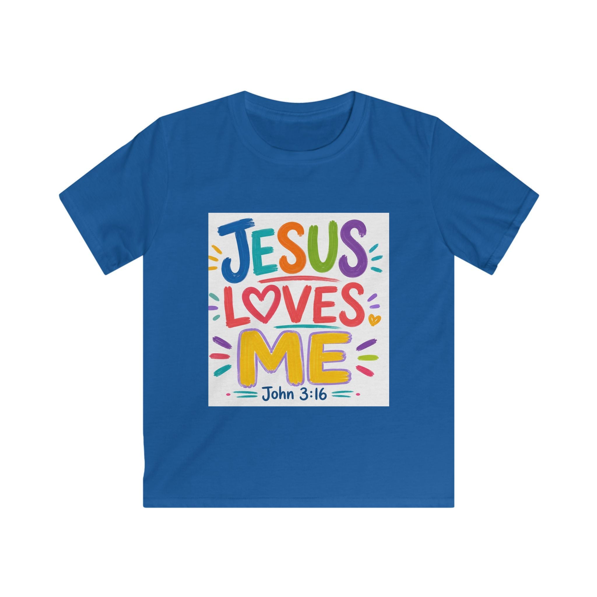 Kids Tee — "Jesus Loves Me" Colorful Scripture T‑Shirt (John 3:16)