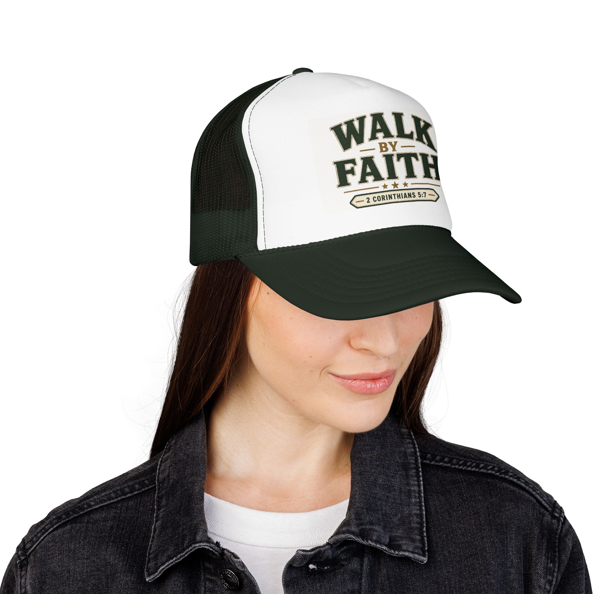 Walk By Faith Foam Trucker Hat — 2 Corinthians 5:7 Christian Cap