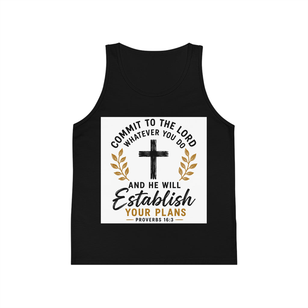 Kids Faith Tank Top - "Commit to the Lord" Proverbs 16:3 Cross Design