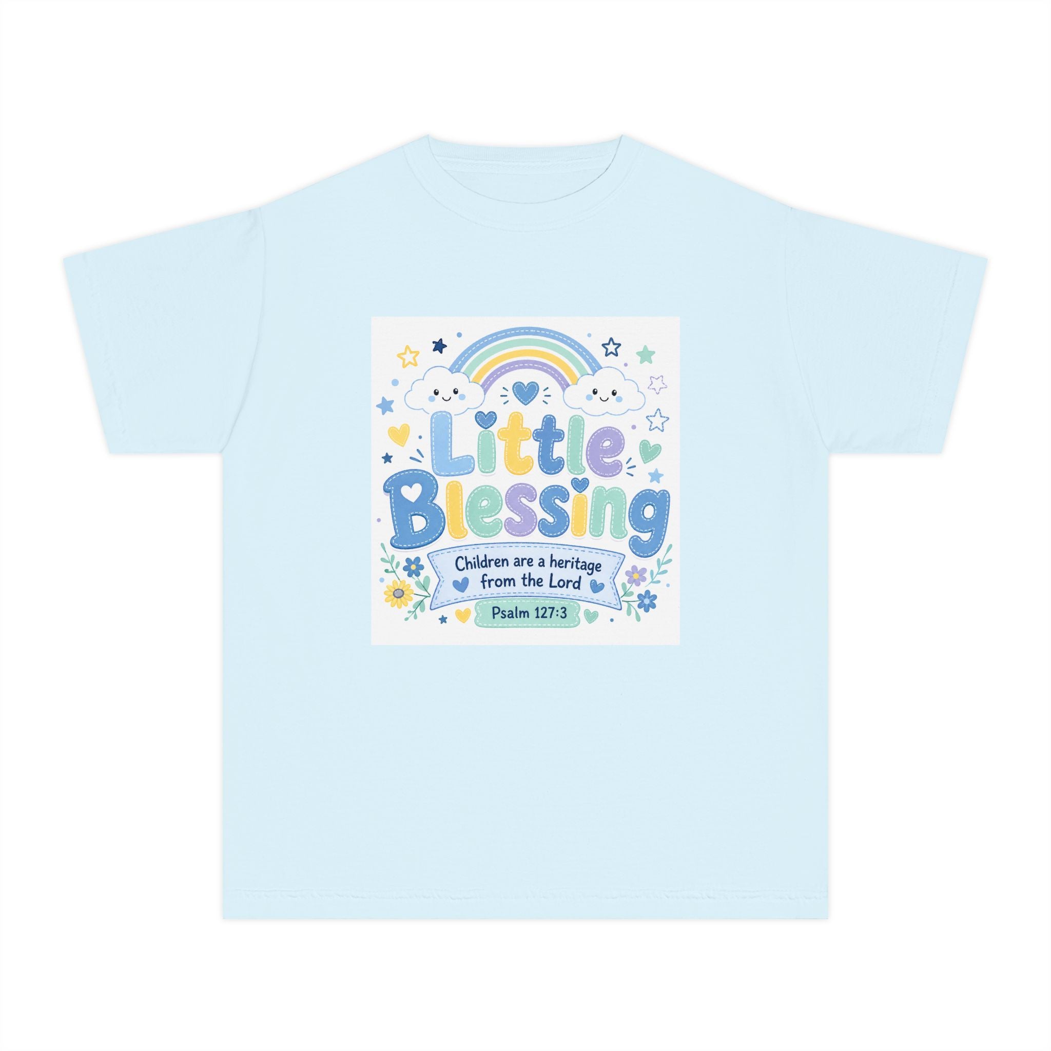 Youth Tee - "Little Blessing" Kids Shirt with Rainbow & Psalm 127:3 Design