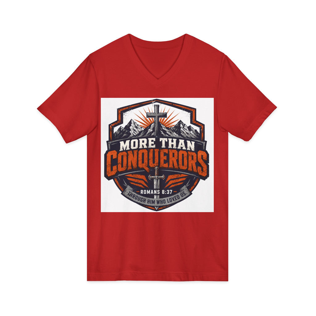More Than Conquerors V-Neck Tee — Christian Faith Graphic Shirt (Romans 8:37)