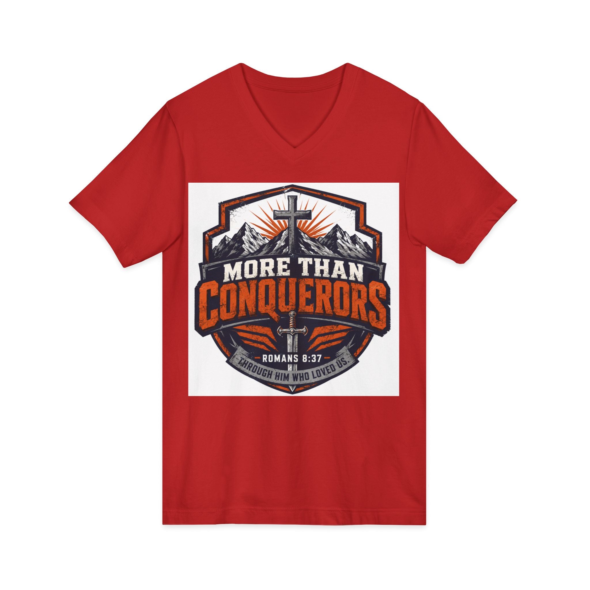 More Than Conquerors V-Neck Tee — Christian Faith Graphic Shirt (Romans 8:37)