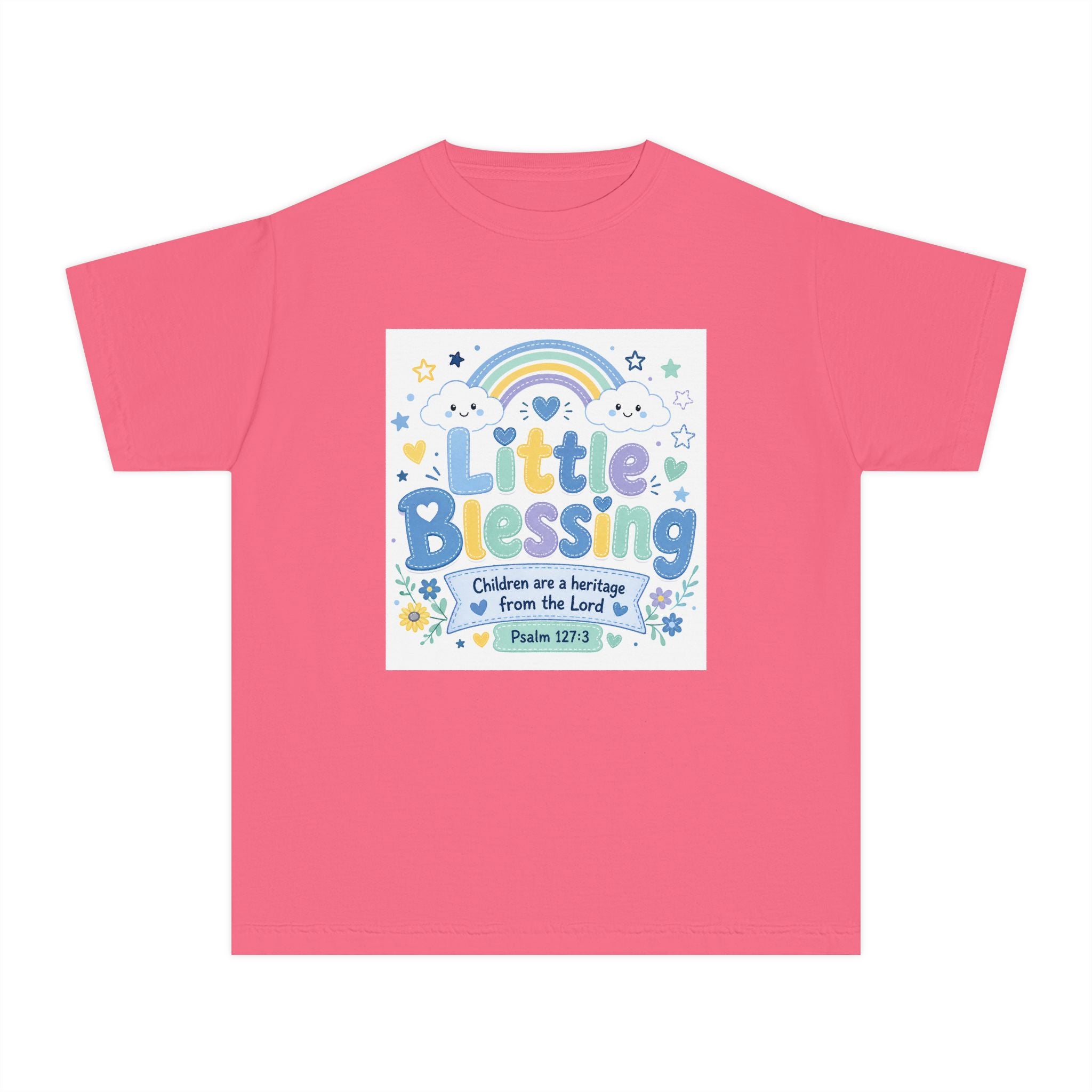 Youth Tee - "Little Blessing" Kids Shirt with Rainbow & Psalm 127:3 Design