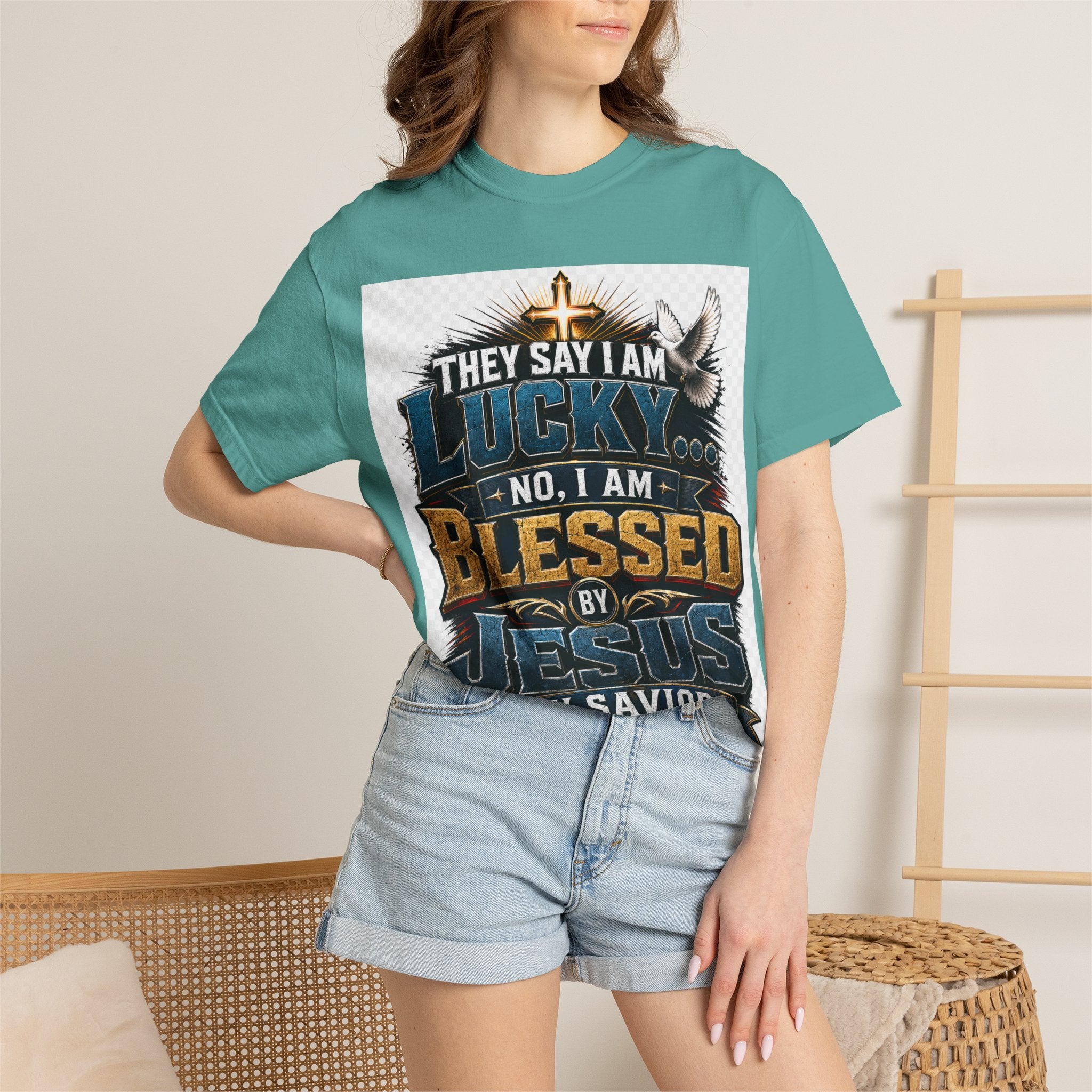 Blessed by Jesus T-Shirt — “They Say I Am Lucky, No I Am Blessed by Jesus My Savior” Christian Tee