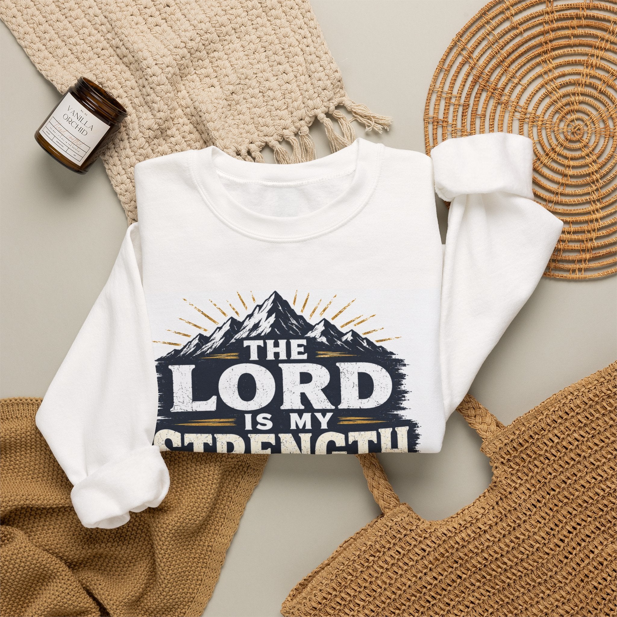 Crewneck Sweatshirt — "The Lord Is My Strength and My Shield" Psalm 28:7 Christian Pullover