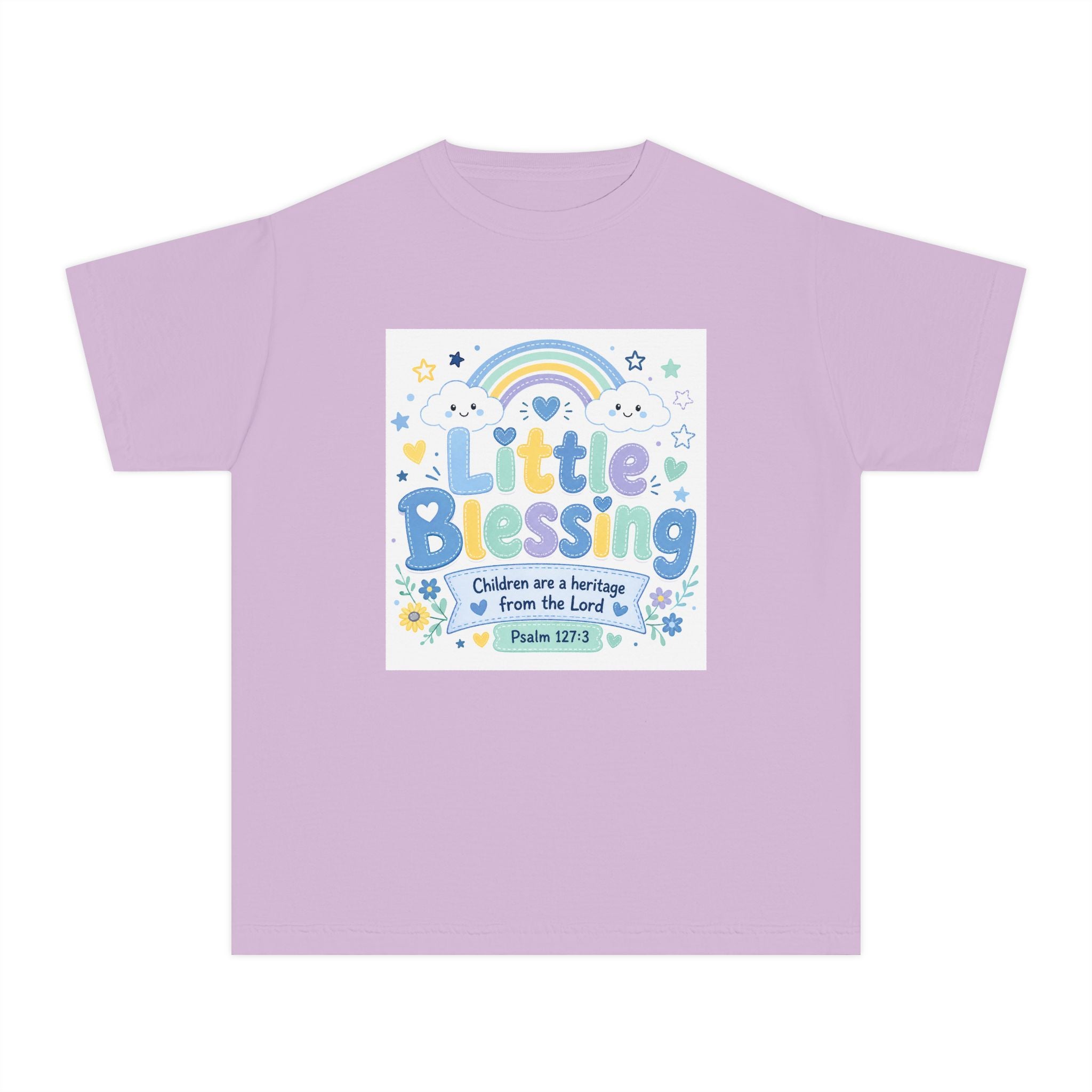 Youth Tee - "Little Blessing" Kids Shirt with Rainbow & Psalm 127:3 Design