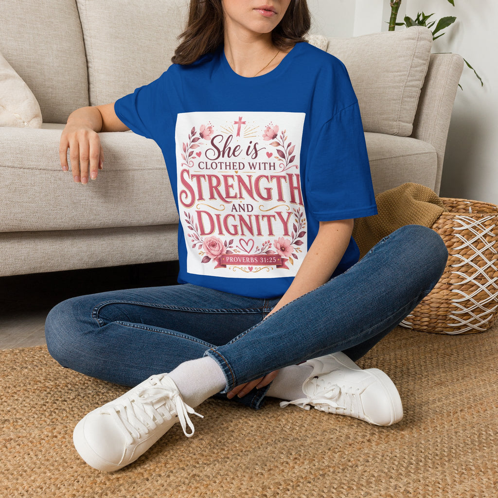 T-Shirt — "She Is Clothed With Strength and Dignity" Christian Floral Inspirational Tee