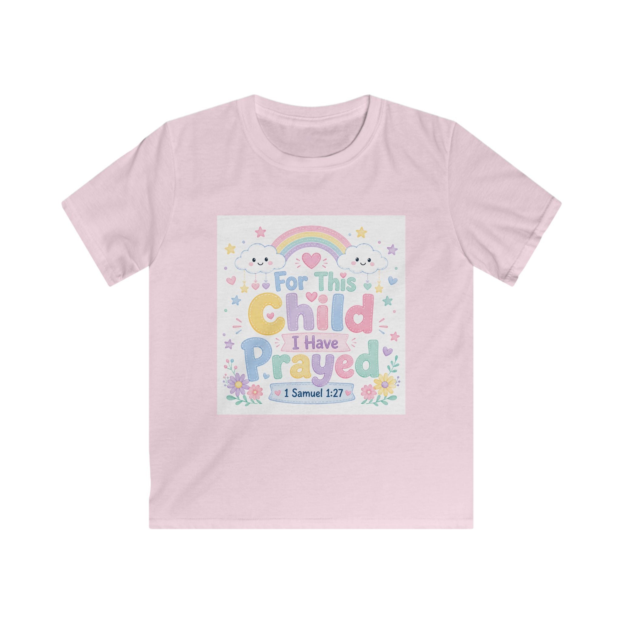Kids Tee — "For This Child I Have Prayed" Pastel Rainbow Christian Shirt (1 Samuel 1:27)