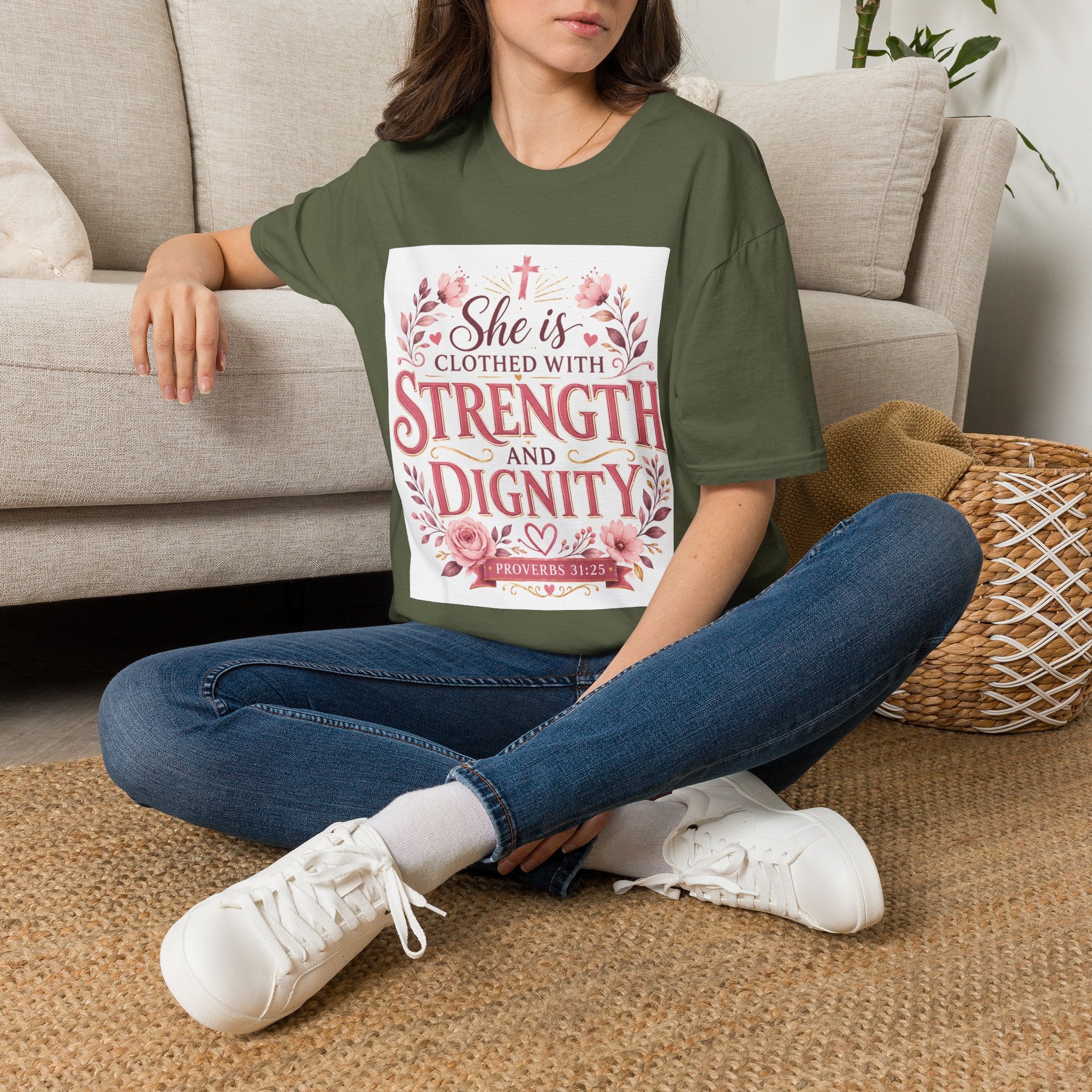 T-Shirt — "She Is Clothed With Strength and Dignity" Christian Floral Inspirational Tee