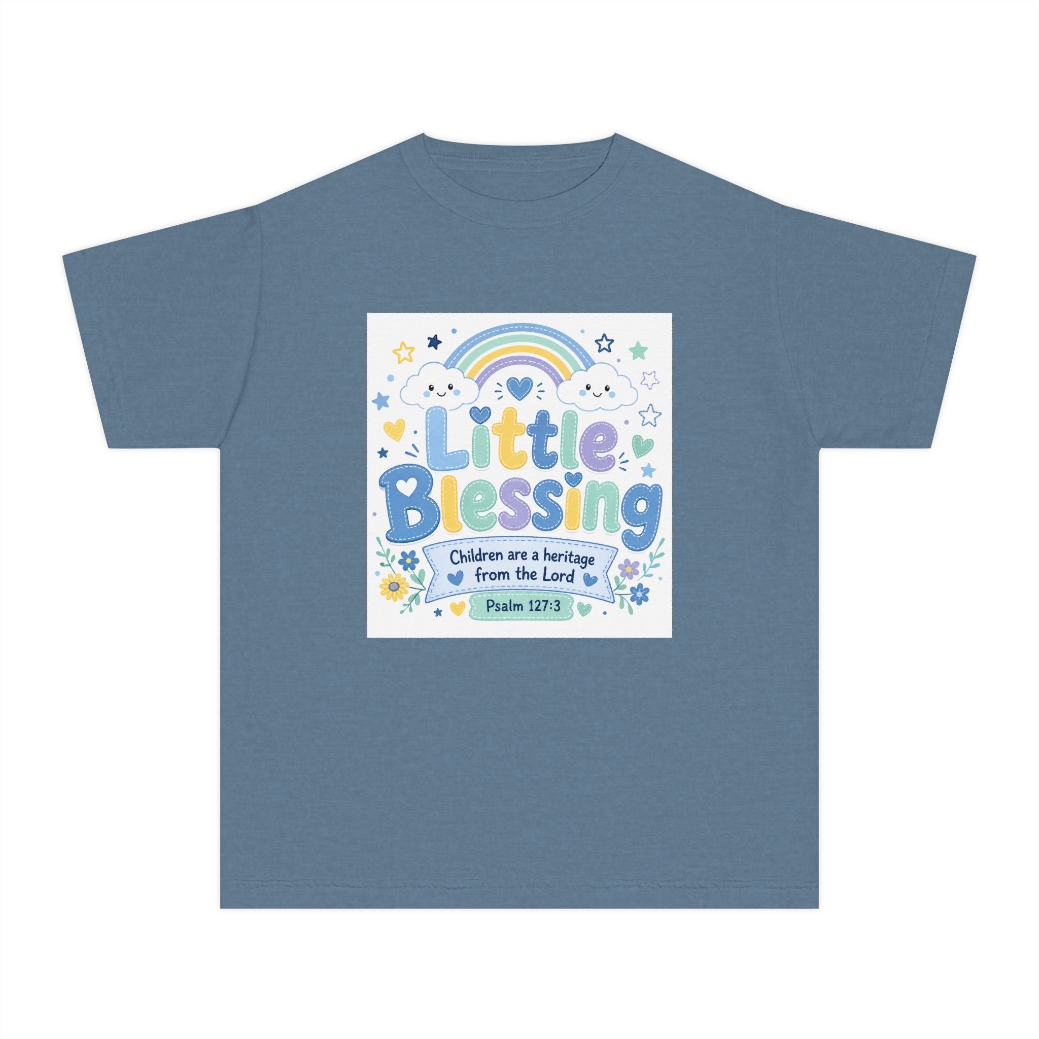 Youth Tee - "Little Blessing" Kids Shirt with Rainbow & Psalm 127:3 Design