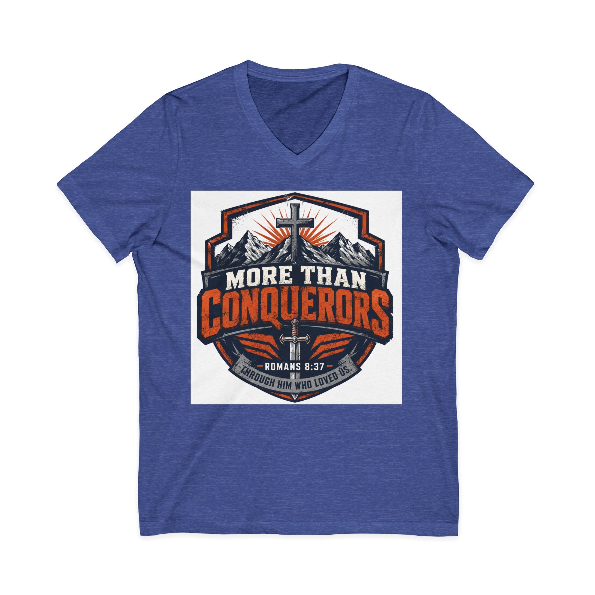More Than Conquerors V-Neck Tee — Christian Faith Graphic Shirt (Romans 8:37)