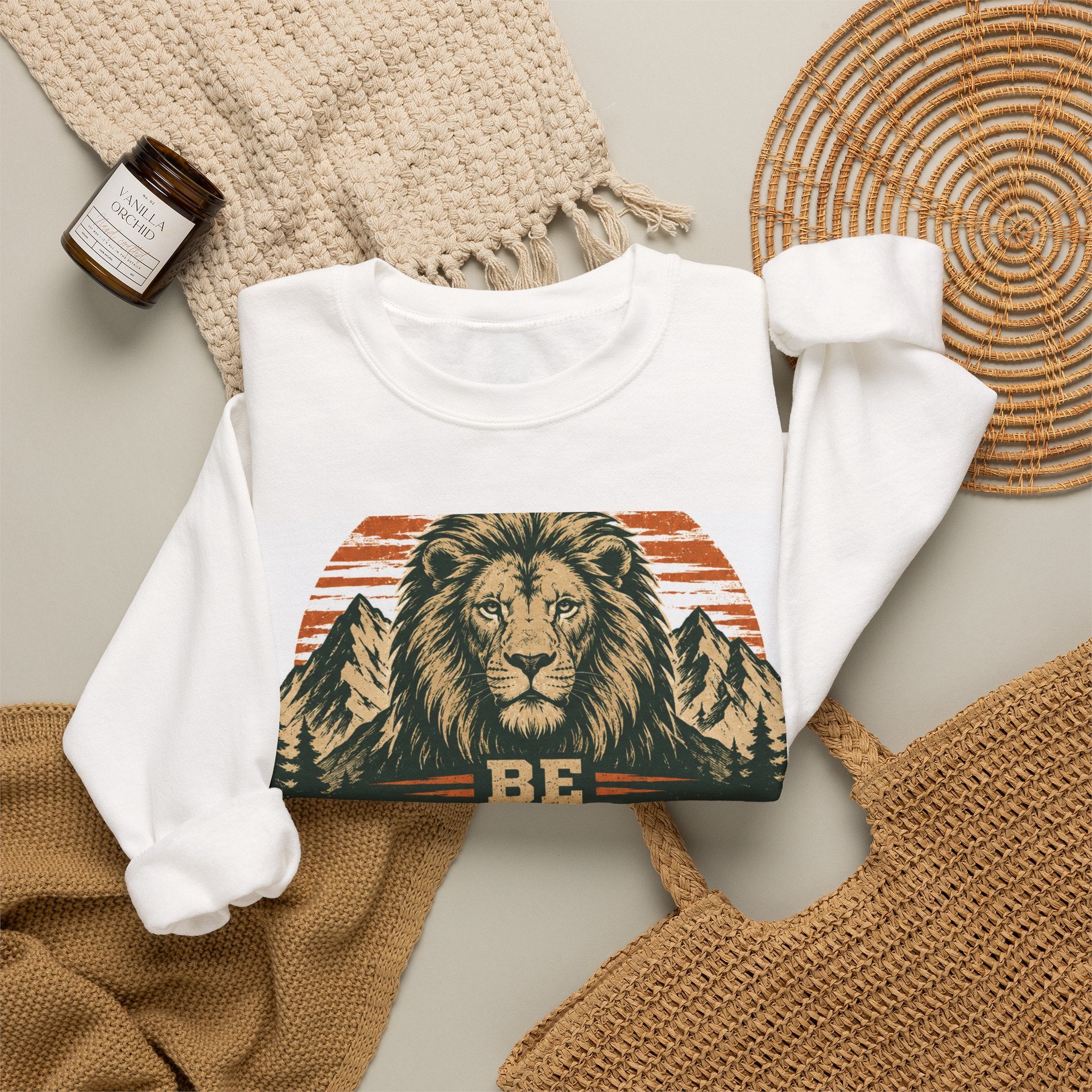 Be Strong and Courageous Crewneck Sweatshirt – Joshua 1:9 Lion Graphic