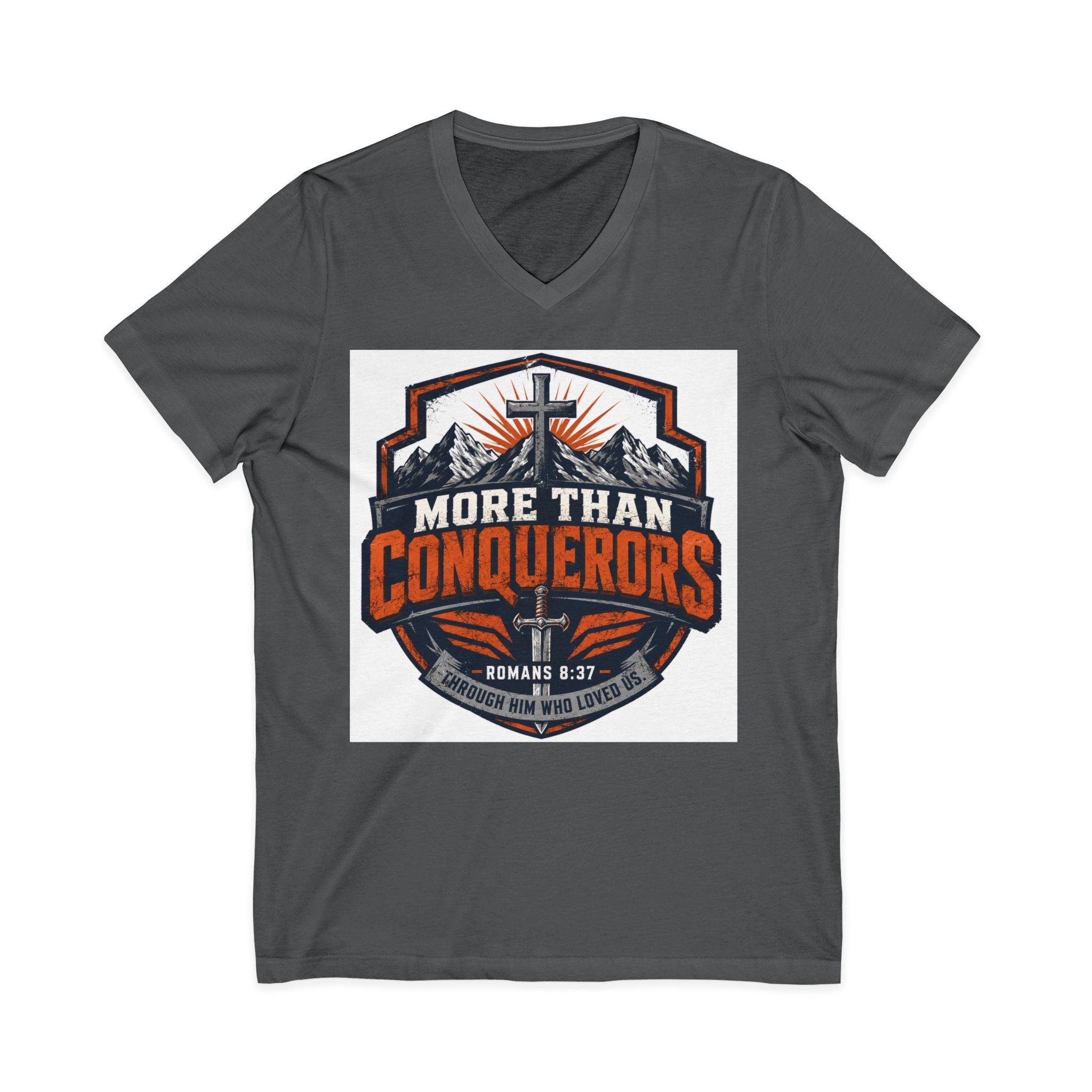 More Than Conquerors V-Neck Tee — Christian Faith Graphic Shirt (Romans 8:37)