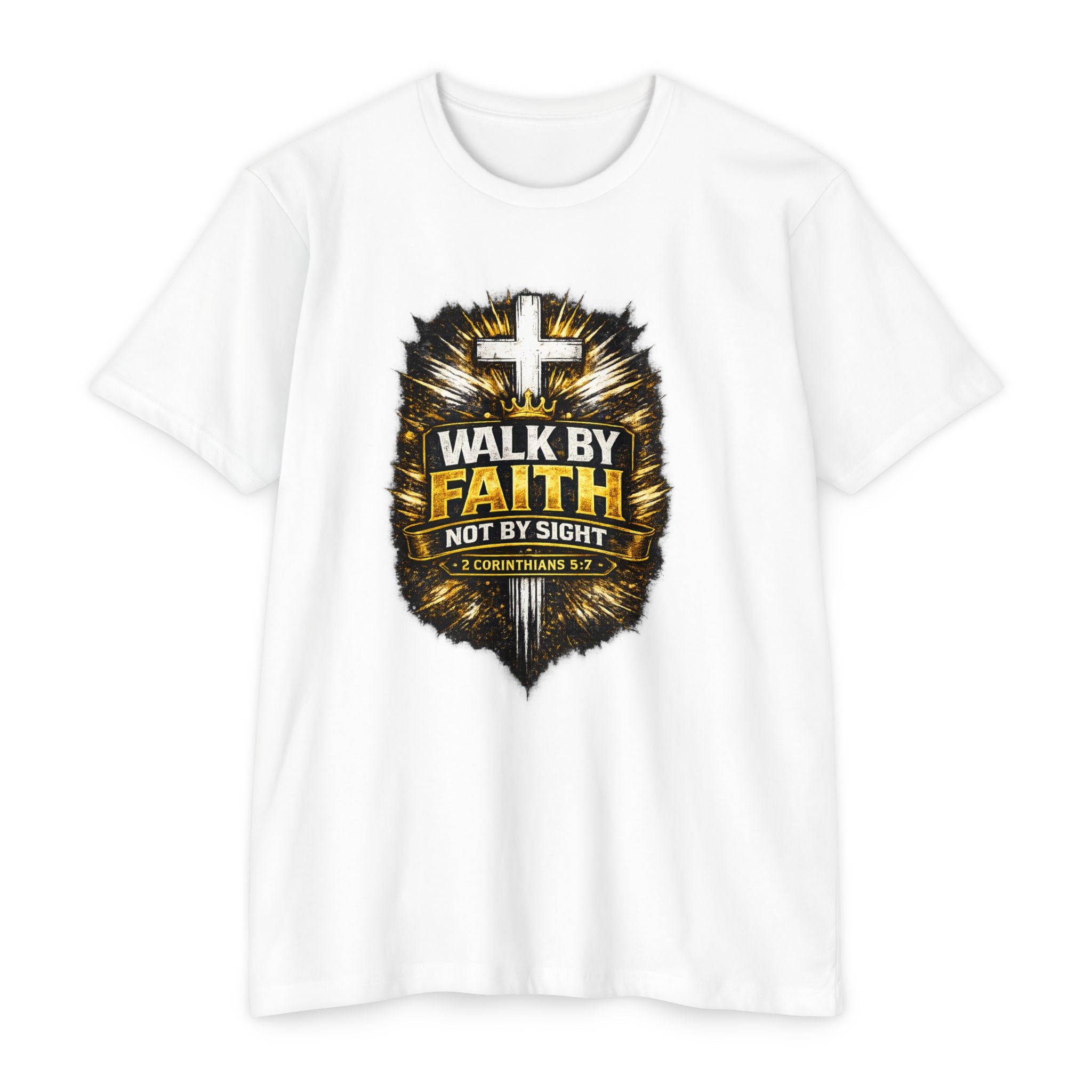 Walk By Faith T-Shirt — Christian Cross Scripture Tee (2 Corinthians 5:7)