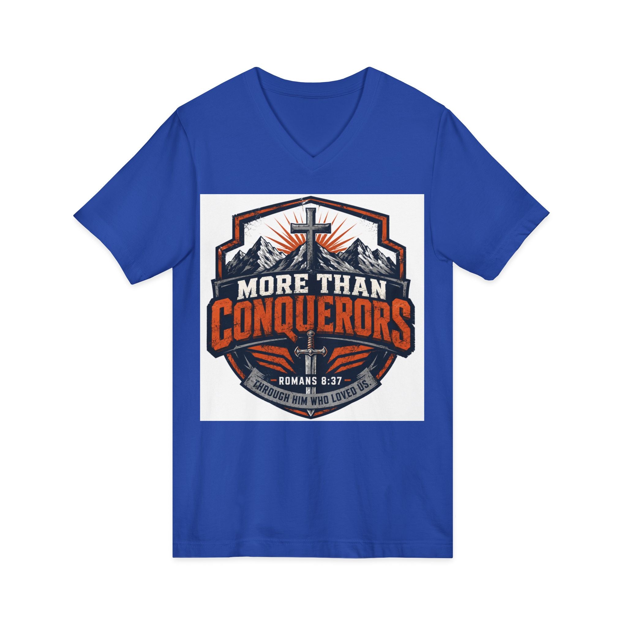 More Than Conquerors V-Neck Tee — Christian Faith Graphic Shirt (Romans 8:37)