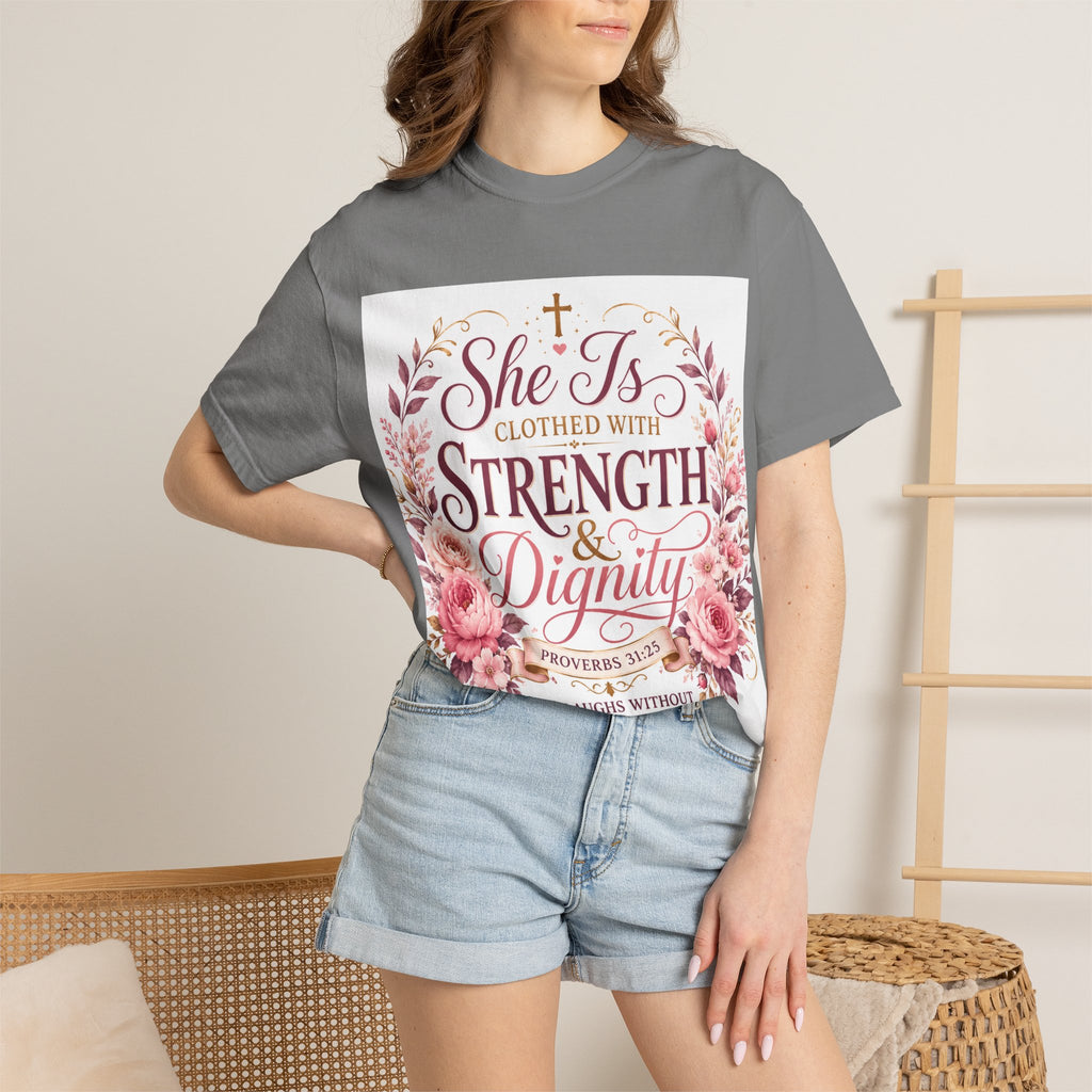 She Is Clothed With Strength & Dignity T-Shirt — Proverbs 31 Floral Christian Tee