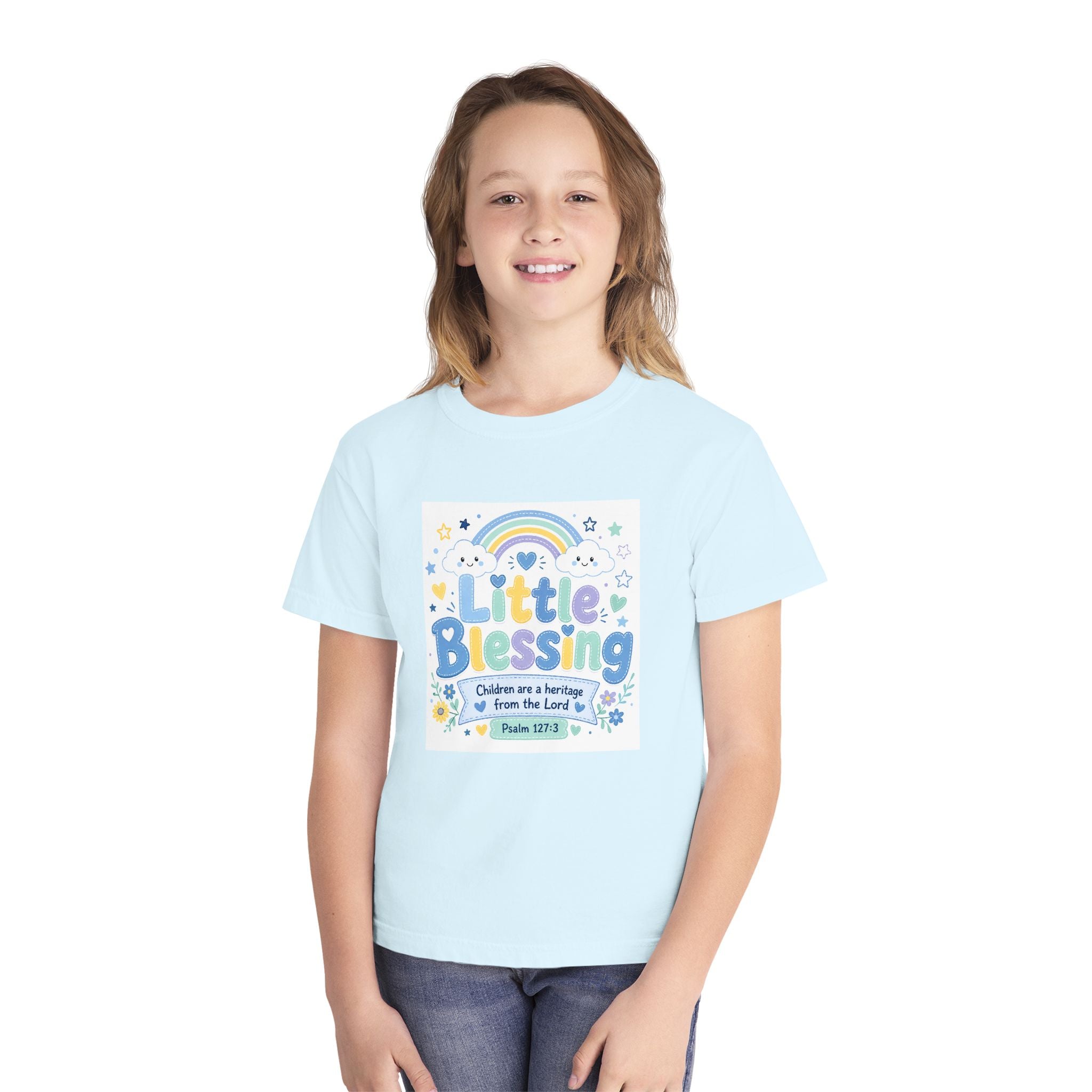 Youth Tee - "Little Blessing" Kids Shirt with Rainbow & Psalm 127:3 Design