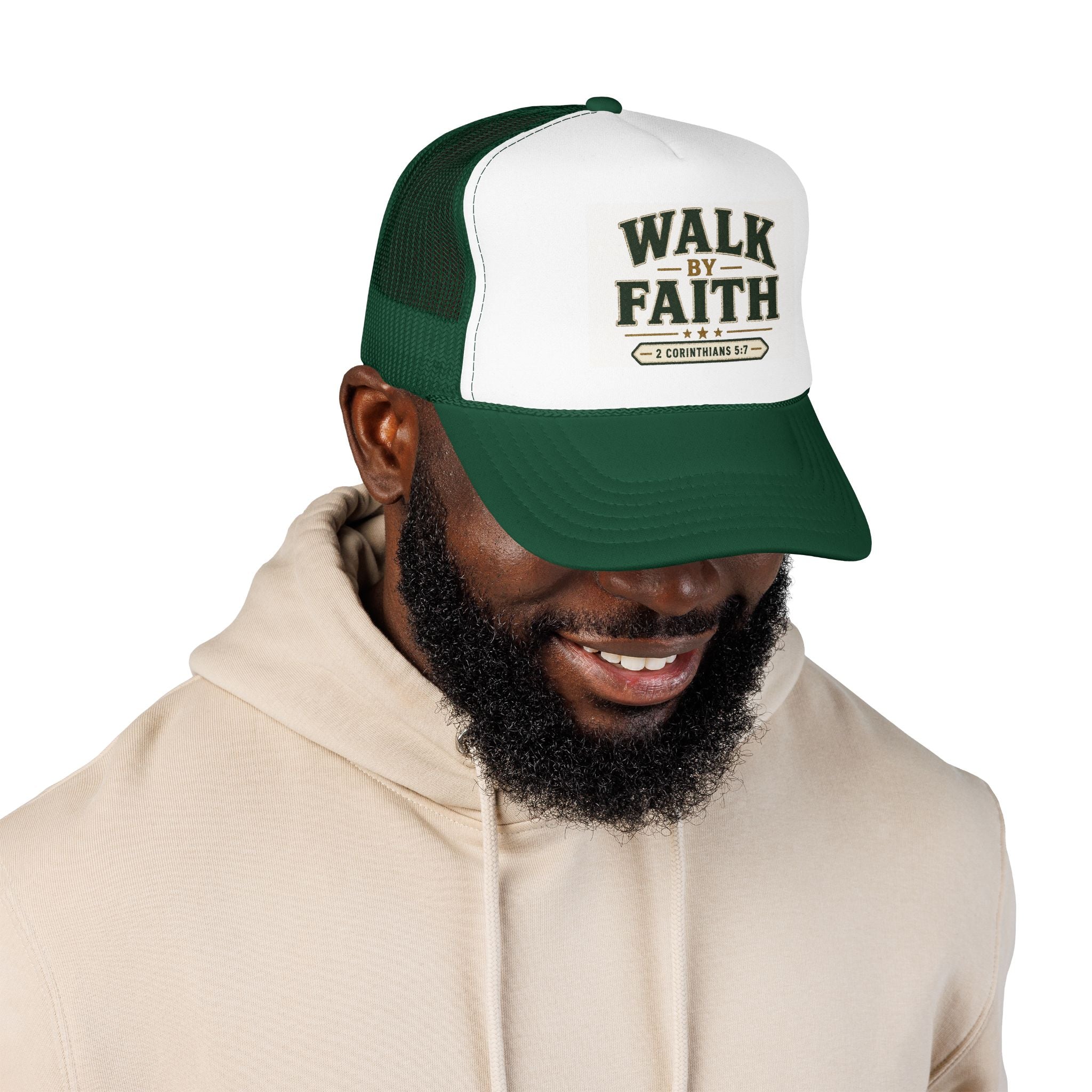 Walk By Faith Foam Trucker Hat — 2 Corinthians 5:7 Christian Cap