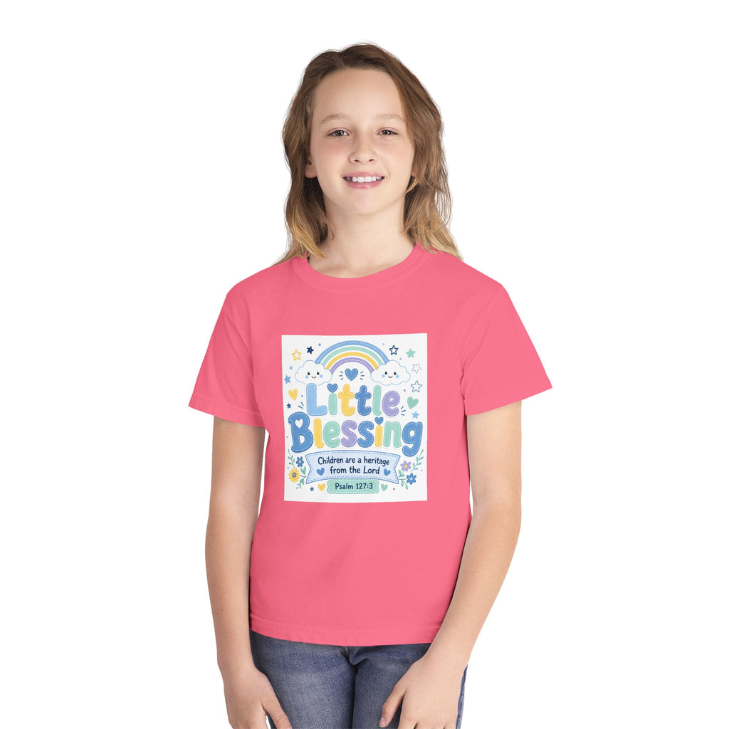 Youth Tee - "Little Blessing" Kids Shirt with Rainbow & Psalm 127:3 Design