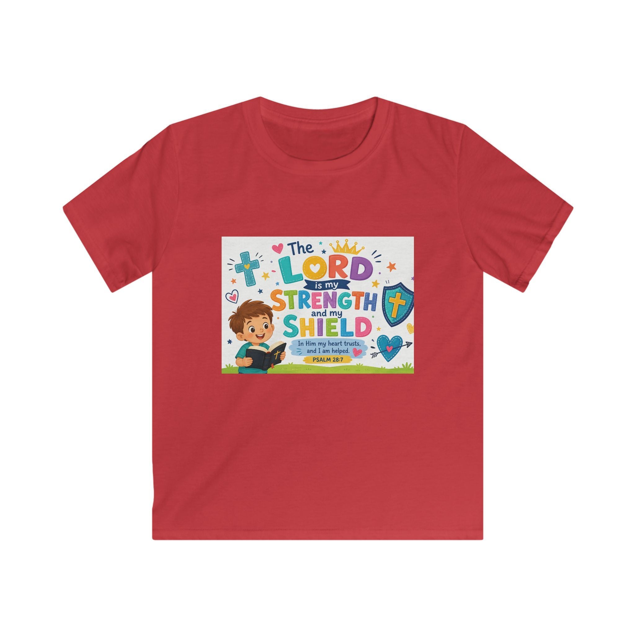 Kids Tee — "The LORD is My Strength and Shield" Christian Bible Verse Shirt