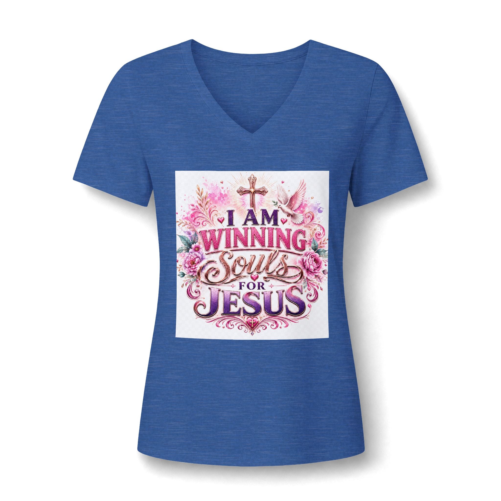 Christian V-Neck Tee — "I Am Winning Souls for Jesus" Floral Design