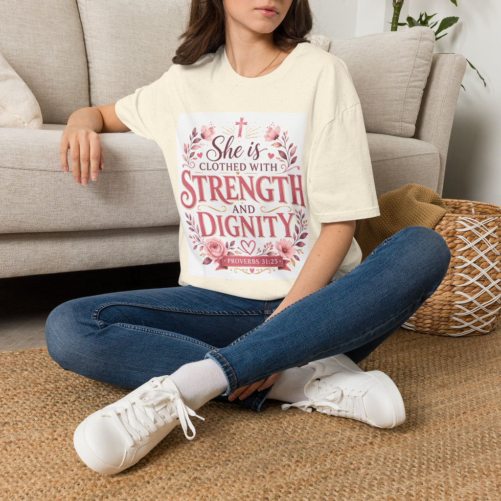 T-Shirt — "She Is Clothed With Strength and Dignity" Christian Floral Inspirational Tee