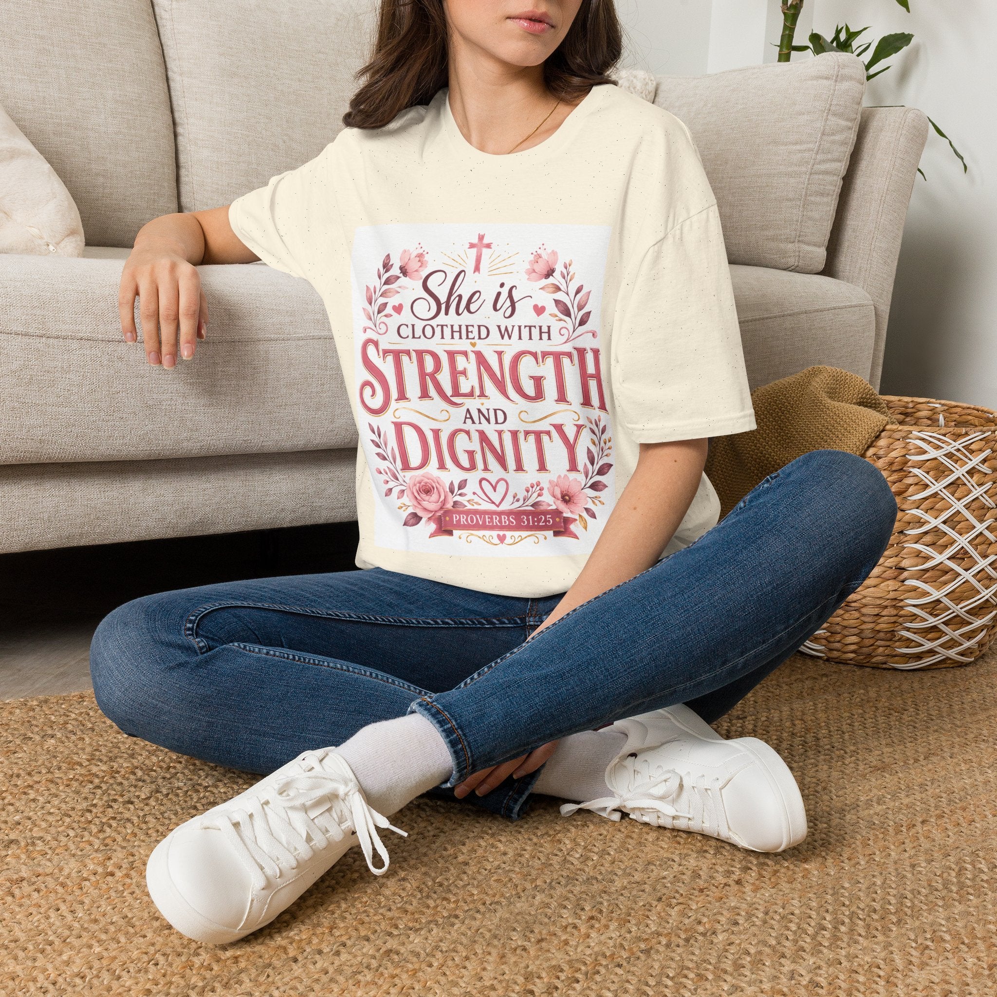 T-Shirt — "She Is Clothed With Strength and Dignity" Christian Floral Inspirational Tee