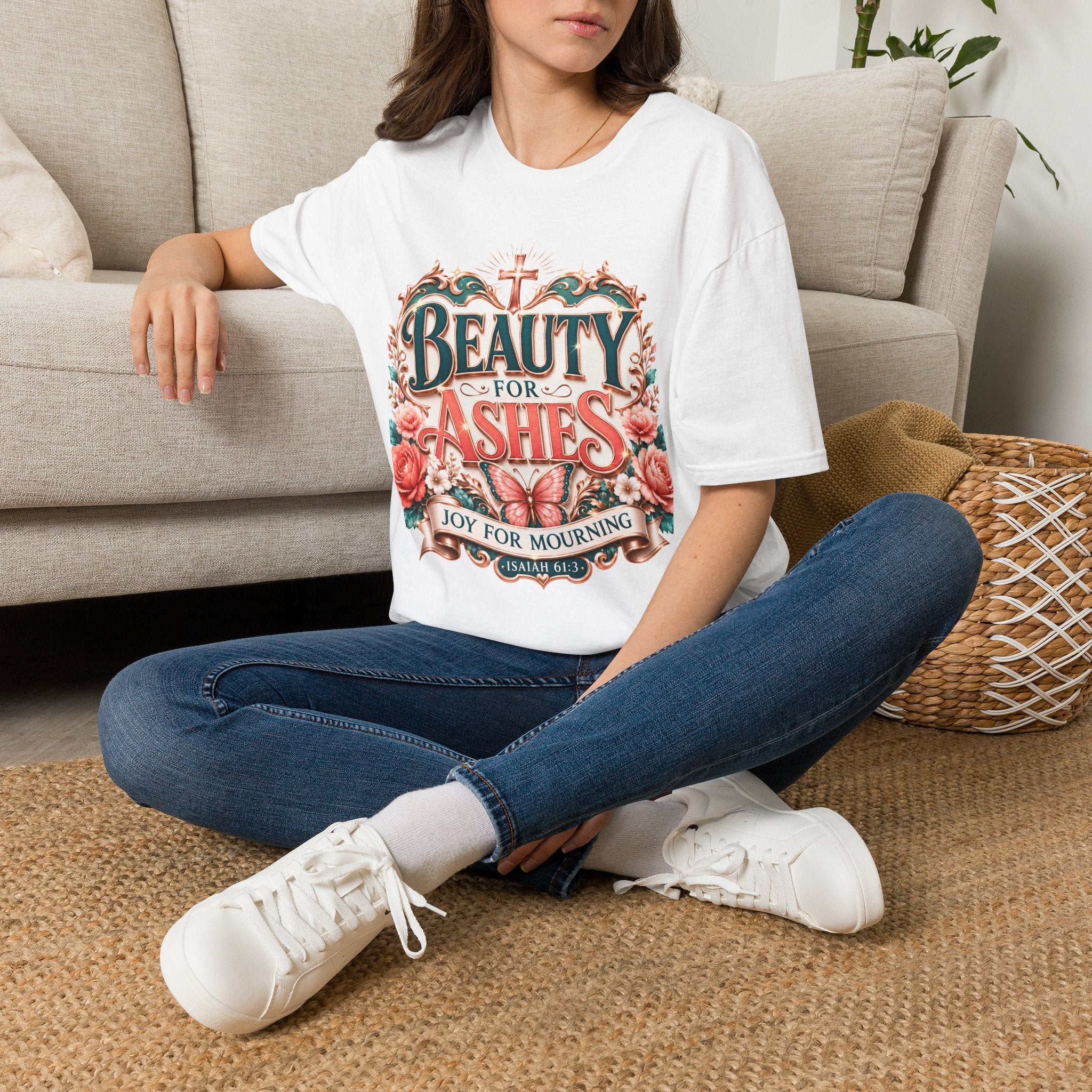 Beauty for Ashes T-Shirt — Christian Faith Floral Tee (Joy for Mourning)