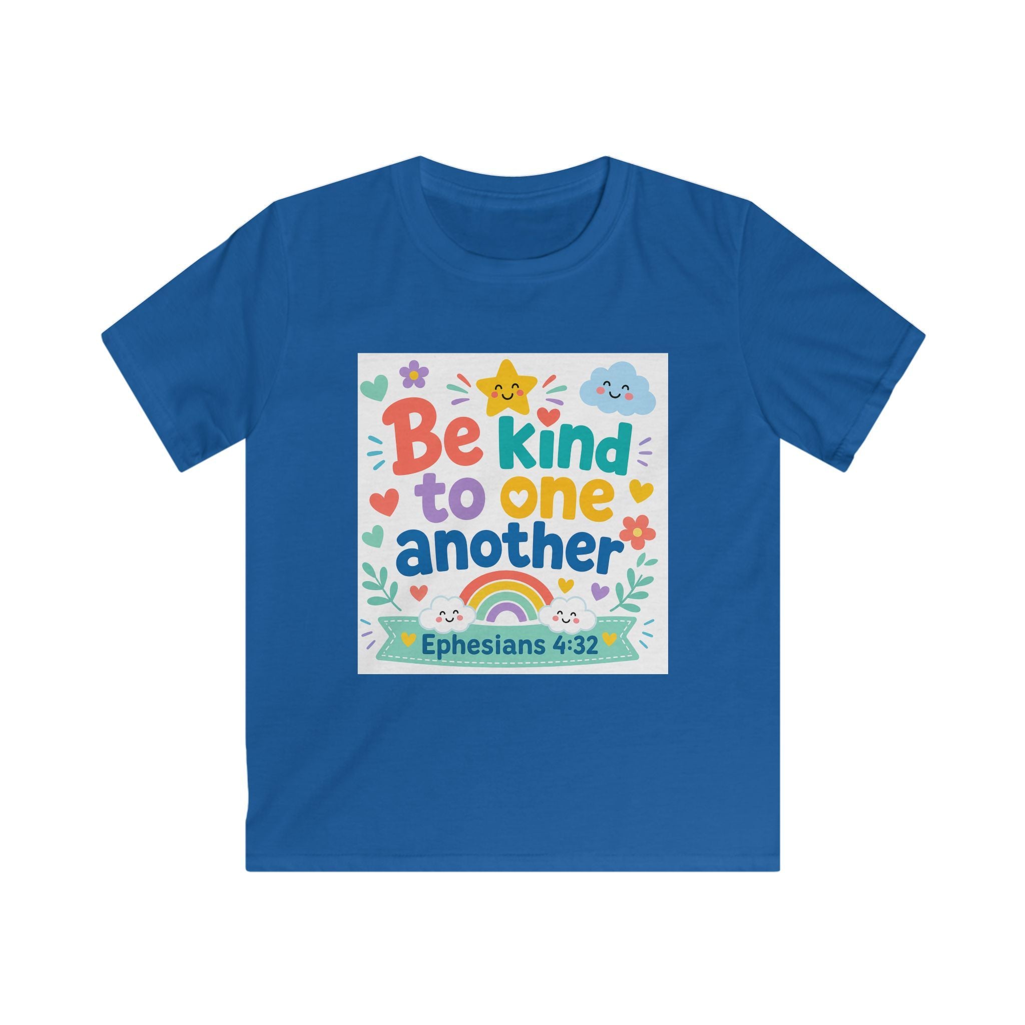 Kids Tee — “Be Kind to One Another” Ephesians 4:32 Christian Rainbow Shirt