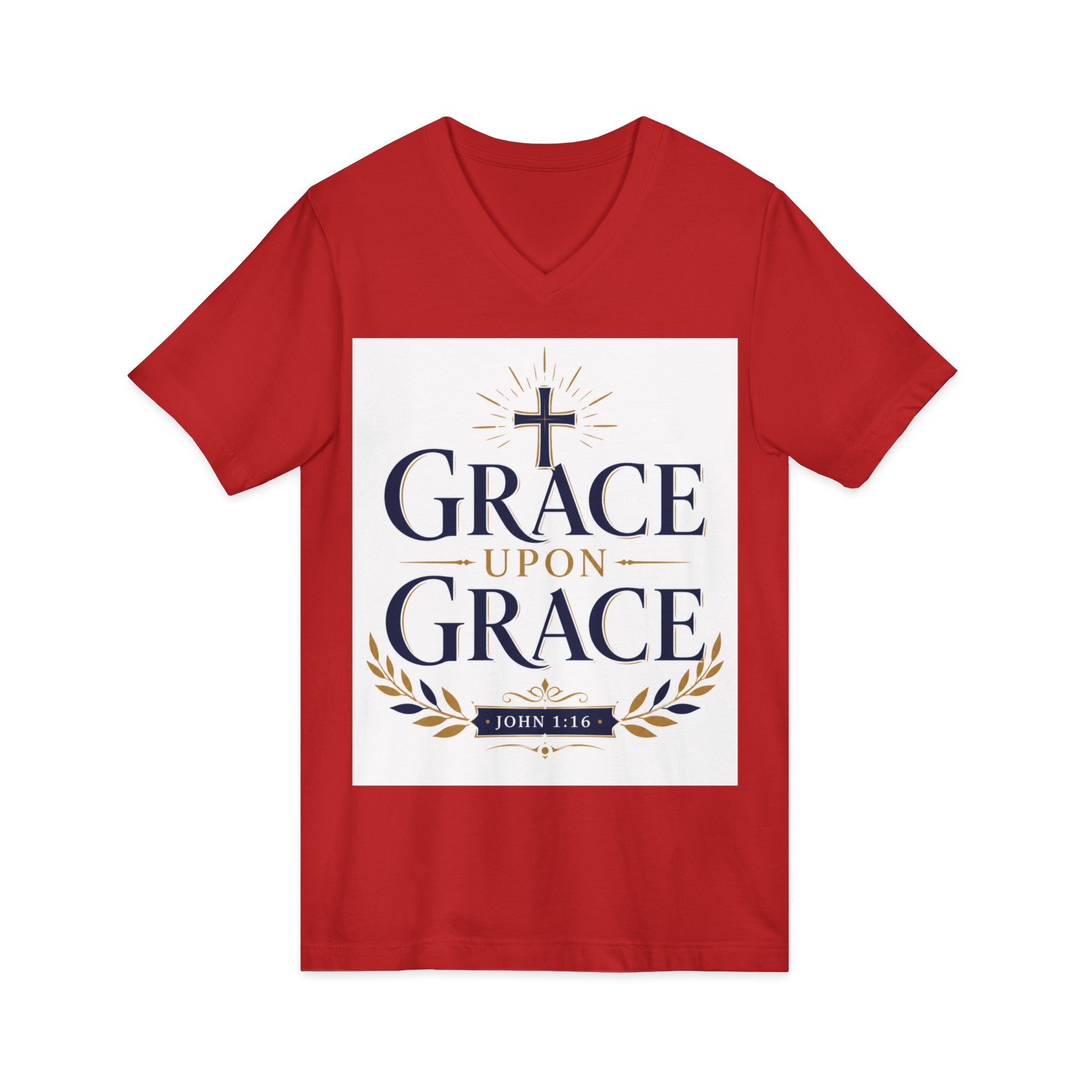 Grace Upon Grace V-Neck Tee — Christian Faith Inspirational Shirt (John 1:16)