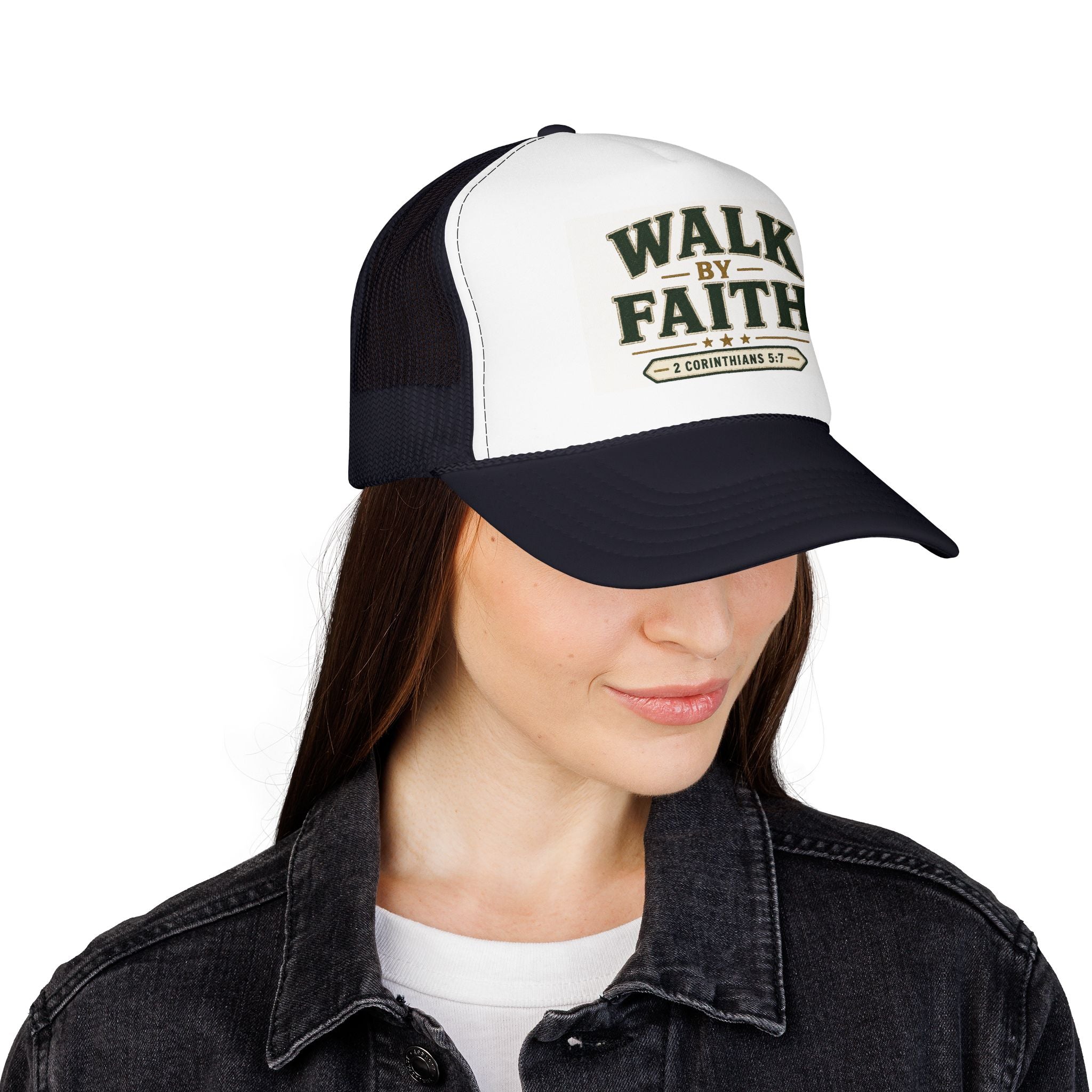 Walk By Faith Foam Trucker Hat — 2 Corinthians 5:7 Christian Cap