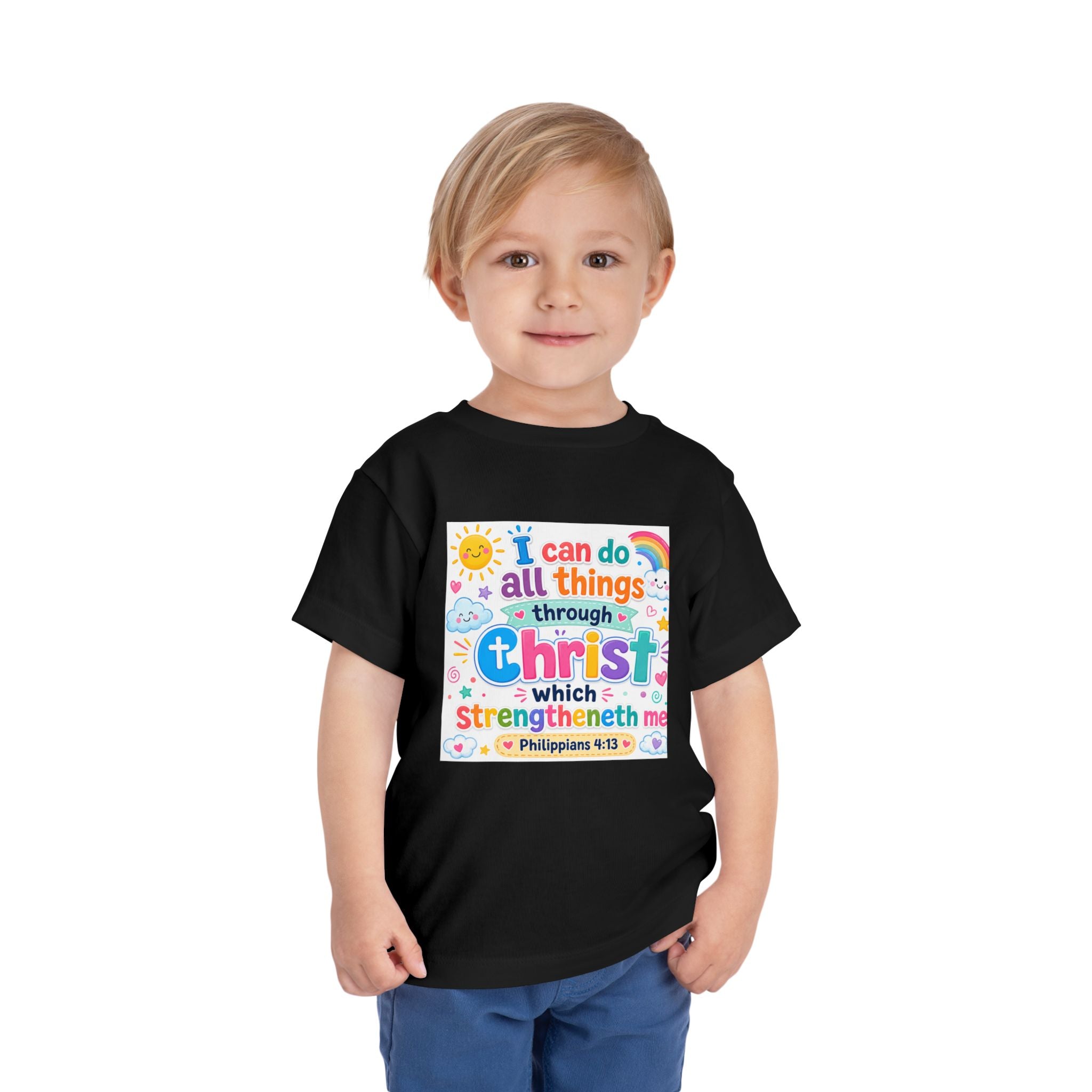 Toddler Tee — "I Can Do All Things Through Christ" Colorful Faith Shirt (Philippians 4:13)