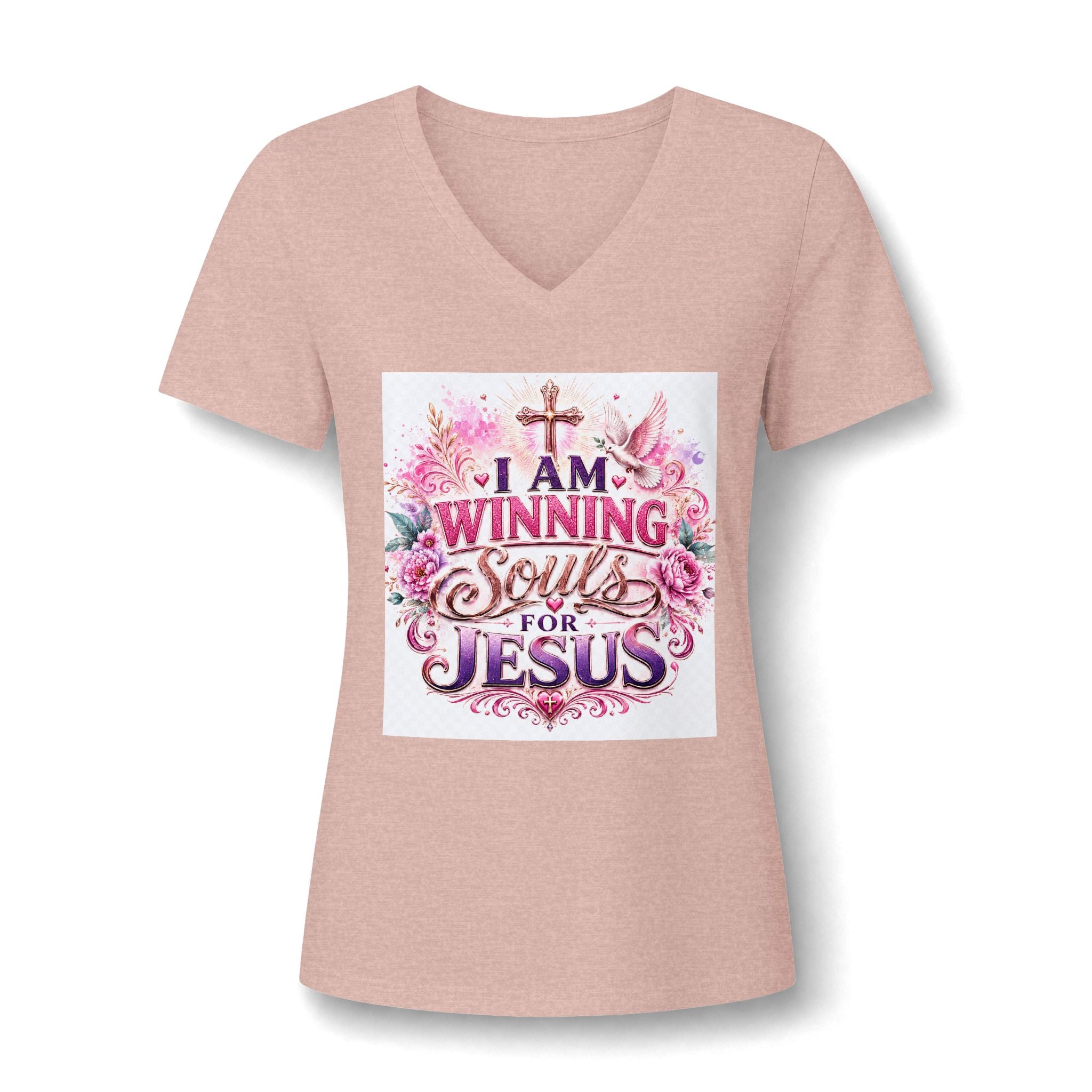 Christian V-Neck Tee — "I Am Winning Souls for Jesus" Floral Design