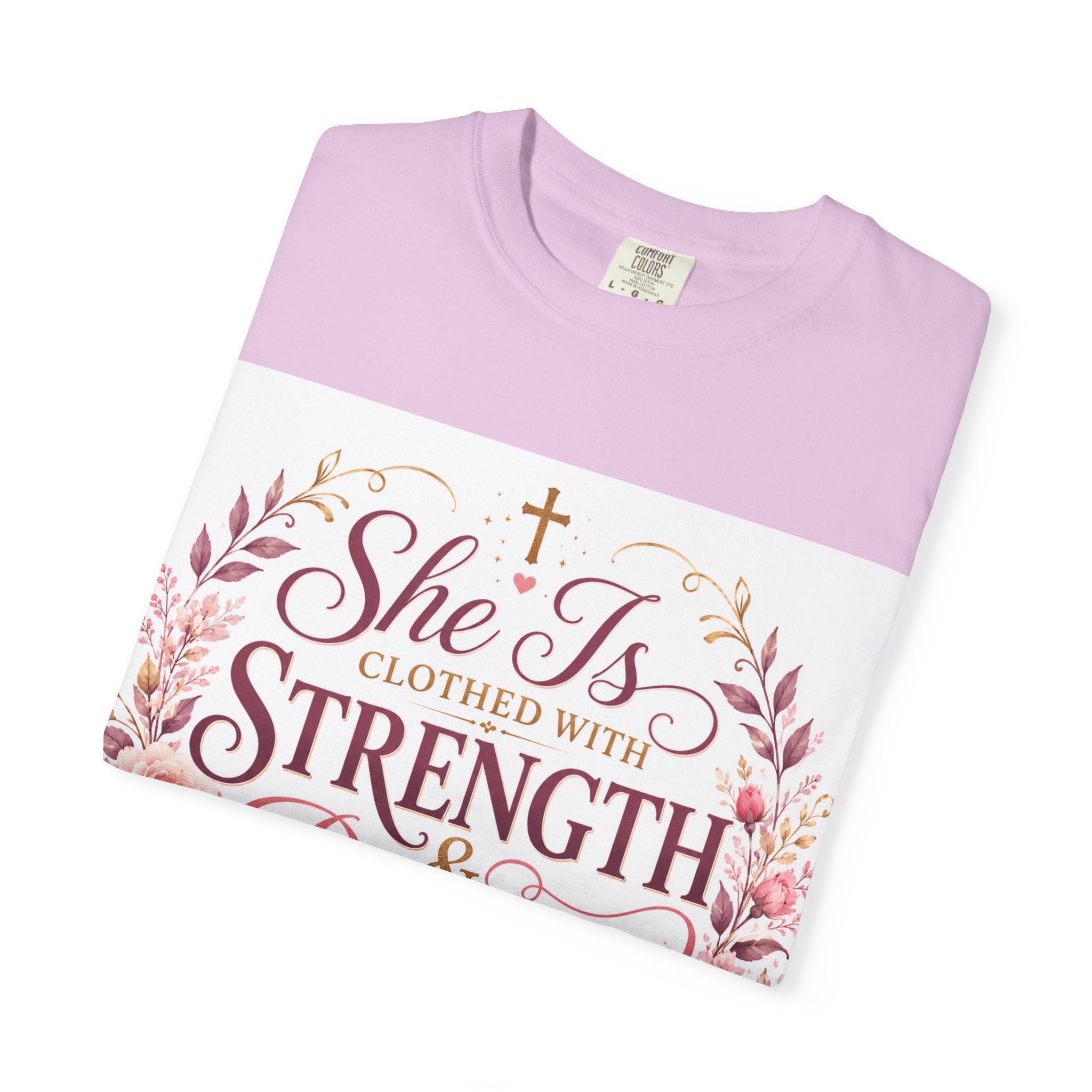 She Is Clothed With Strength & Dignity T-Shirt — Proverbs 31 Floral Christian Tee