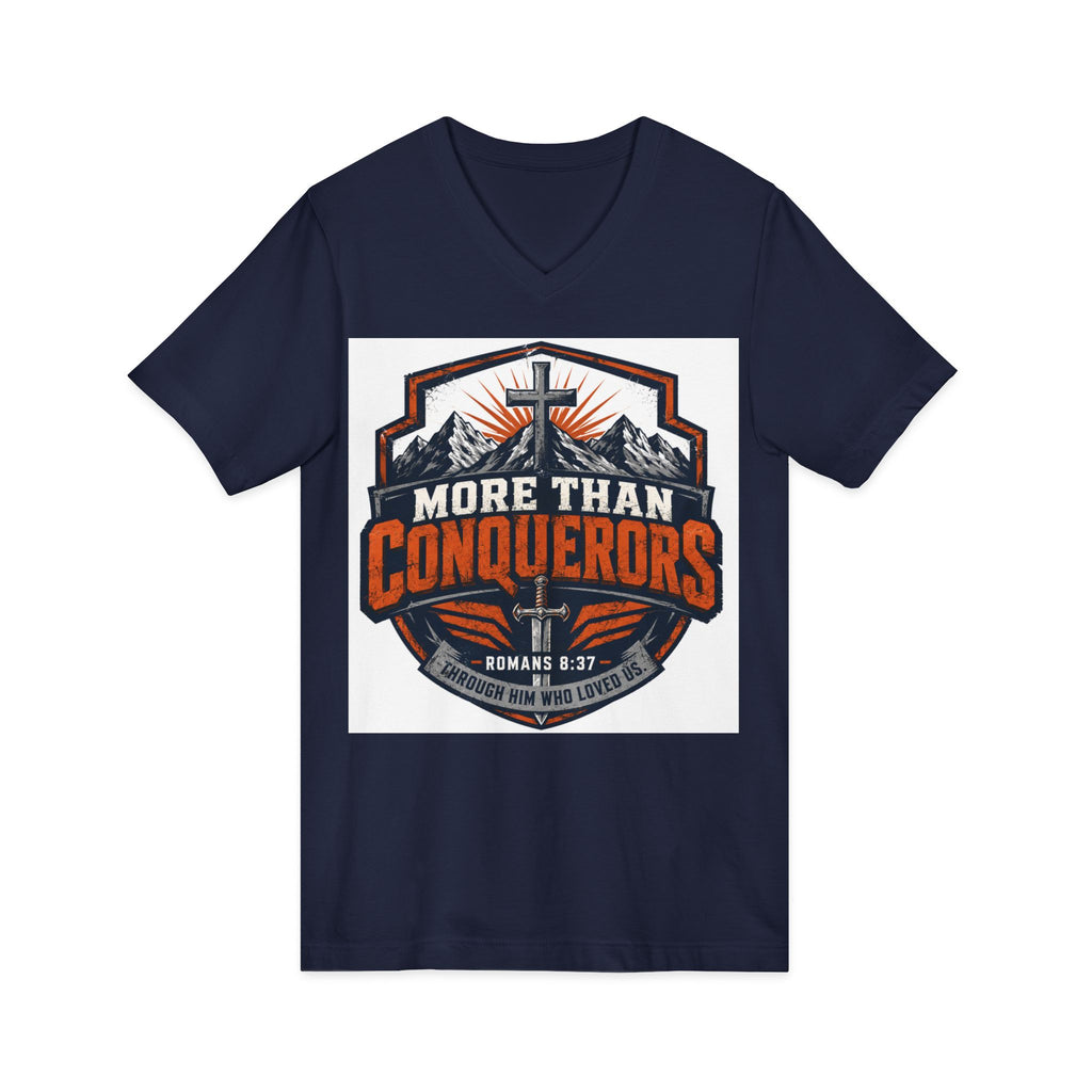 More Than Conquerors V-Neck Tee — Christian Faith Graphic Shirt (Romans 8:37)