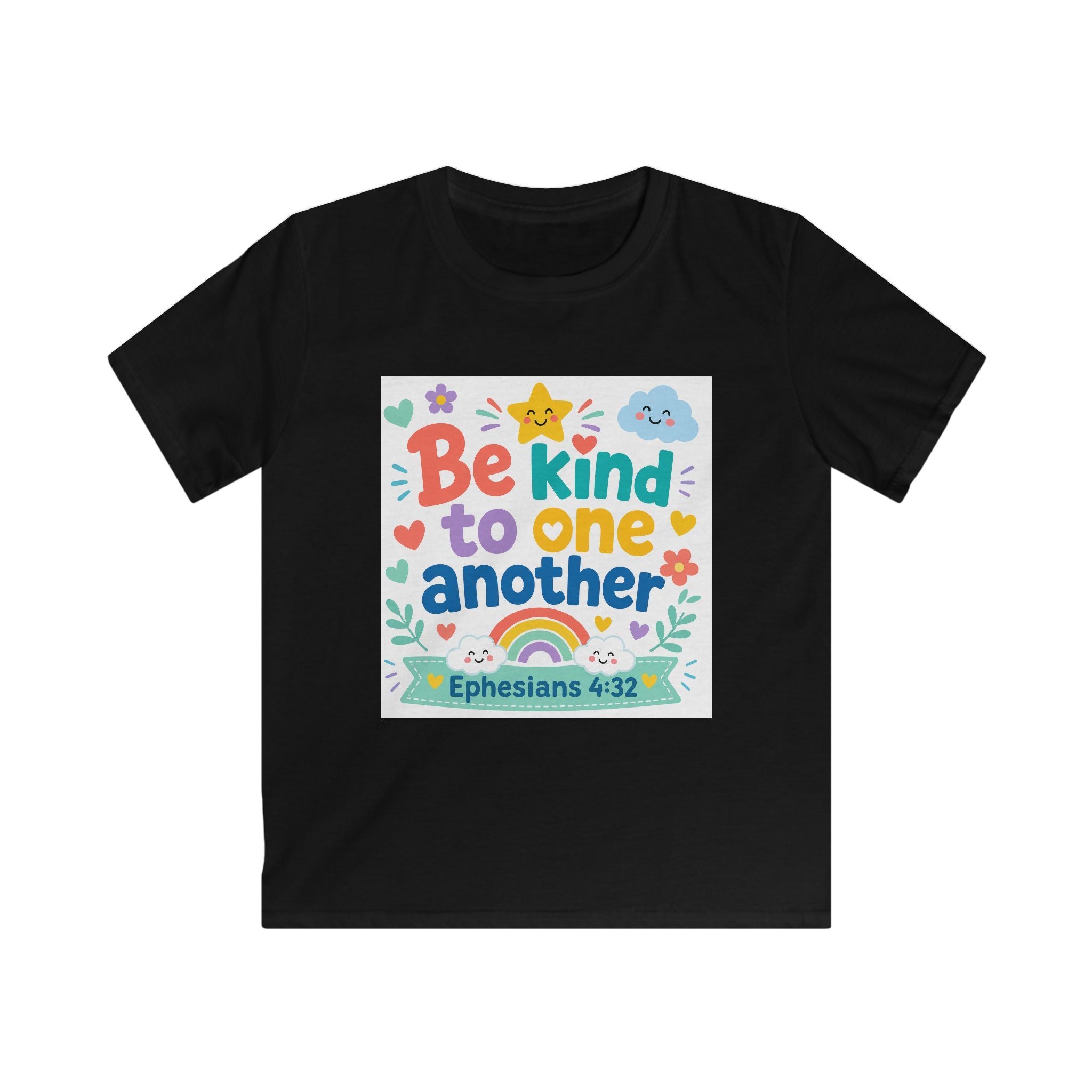 Kids Tee — “Be Kind to One Another” Ephesians 4:32 Christian Rainbow Shirt